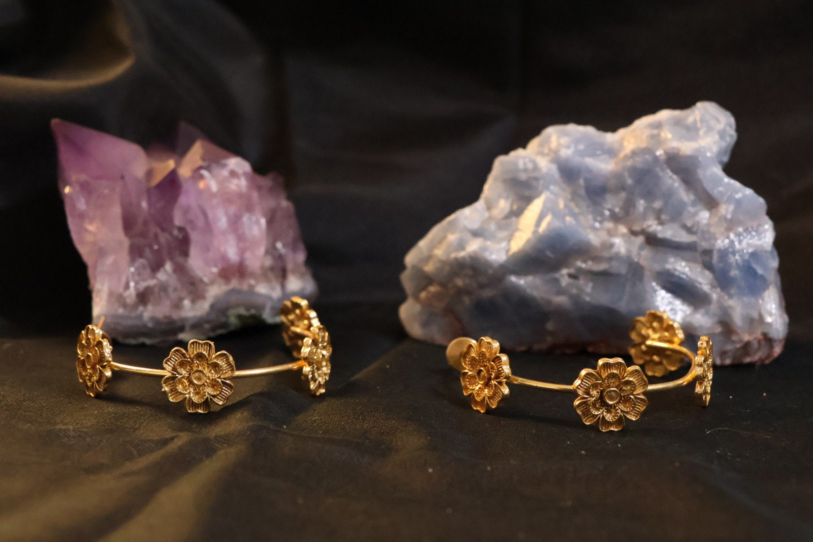 Matt Gold Statement Hoop earrings in unique Flowers design around hoop