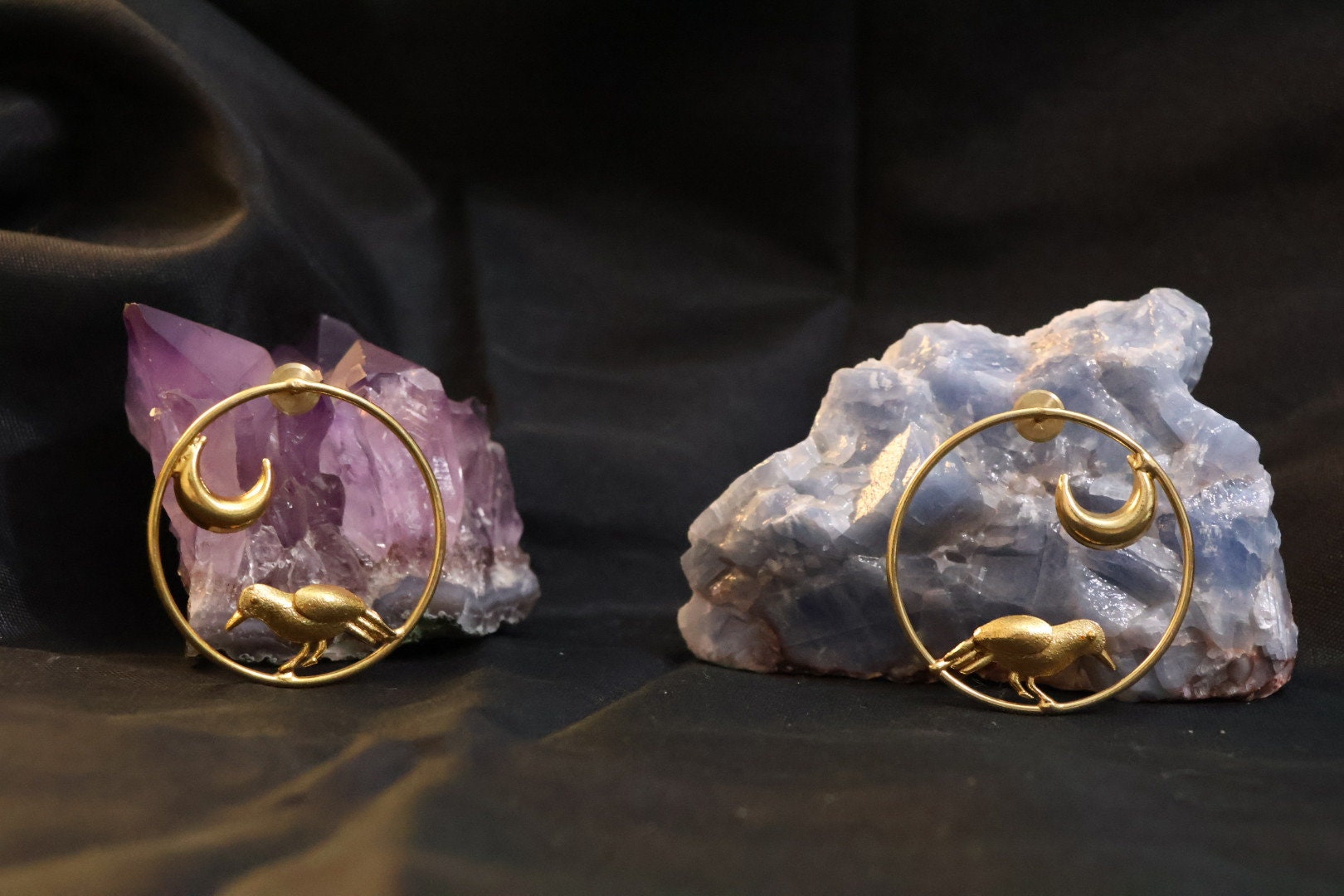 Matt Gold unique Hoop earrings in unique Moon and  Bird design