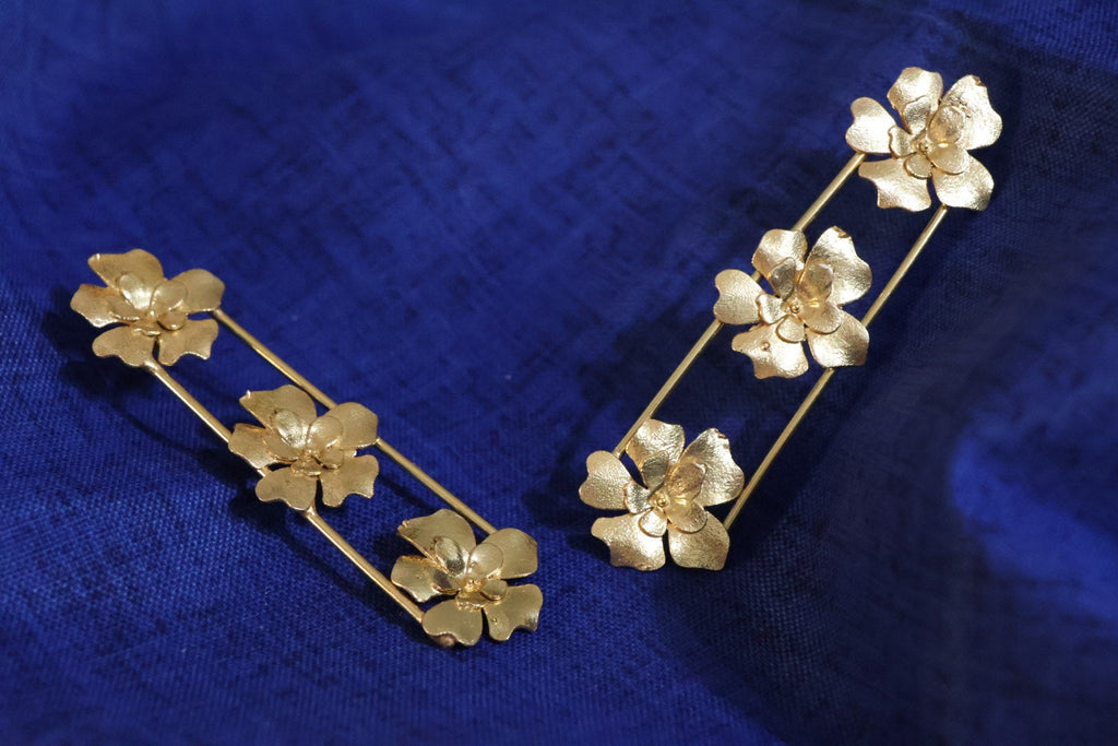 Matt Gold statement Long earrings with unique Flowers design