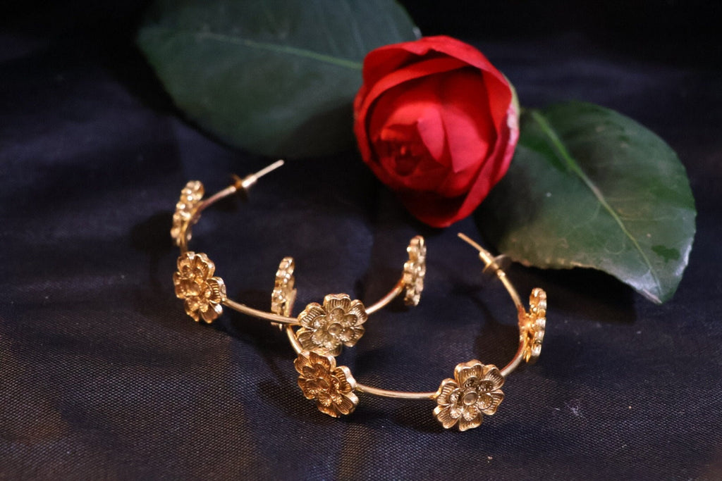 Matt Gold Statement Hoop earrings in unique Flowers design around hoop