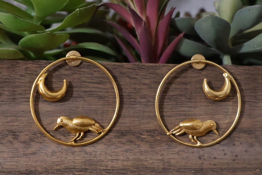 Matt Gold unique Hoop earrings in unique Moon and  Bird design