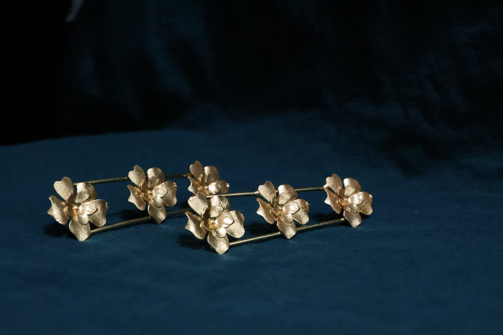 Matt Gold statement Long earrings with unique Flowers design