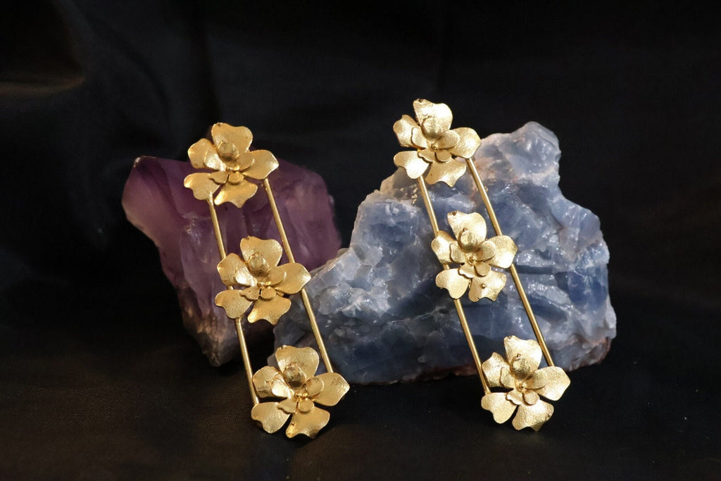 Matt Gold statement Long earrings with unique Flowers design