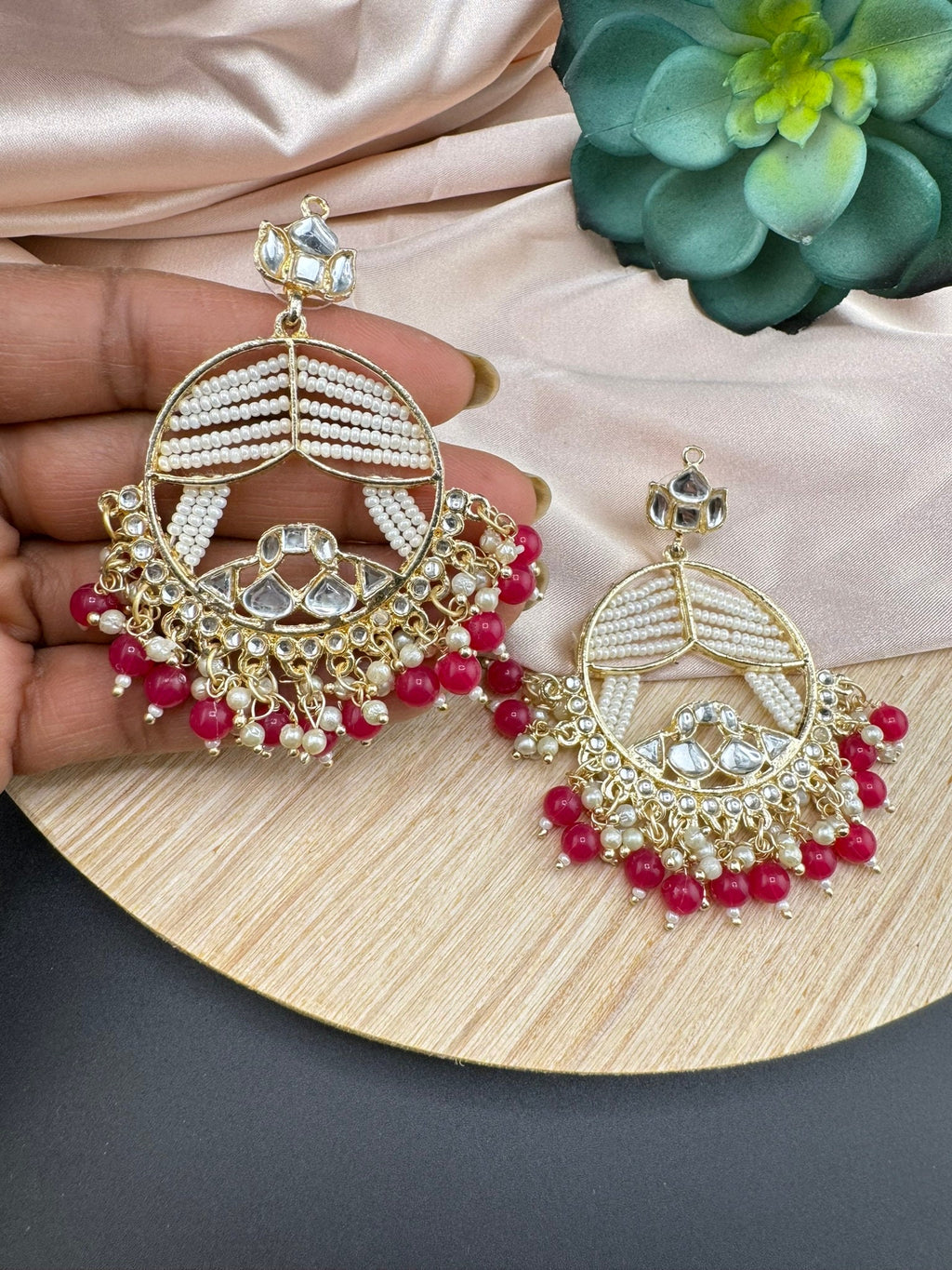 Pink and Gold Punjabi Chandbali with kundan and pearls detailings