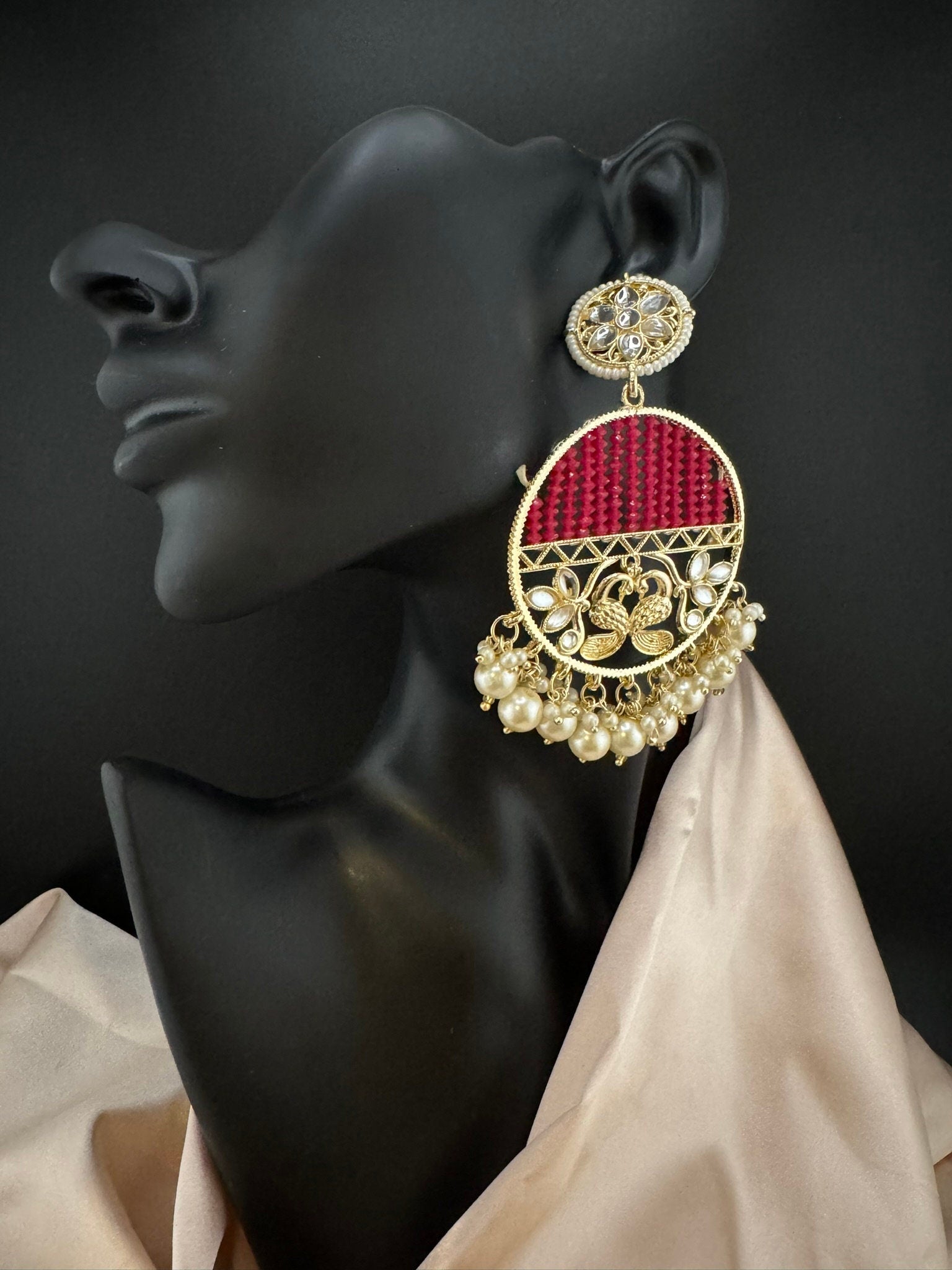 Glitter hydro beads kundan and Pearls Punjabi Chandbali Earrings