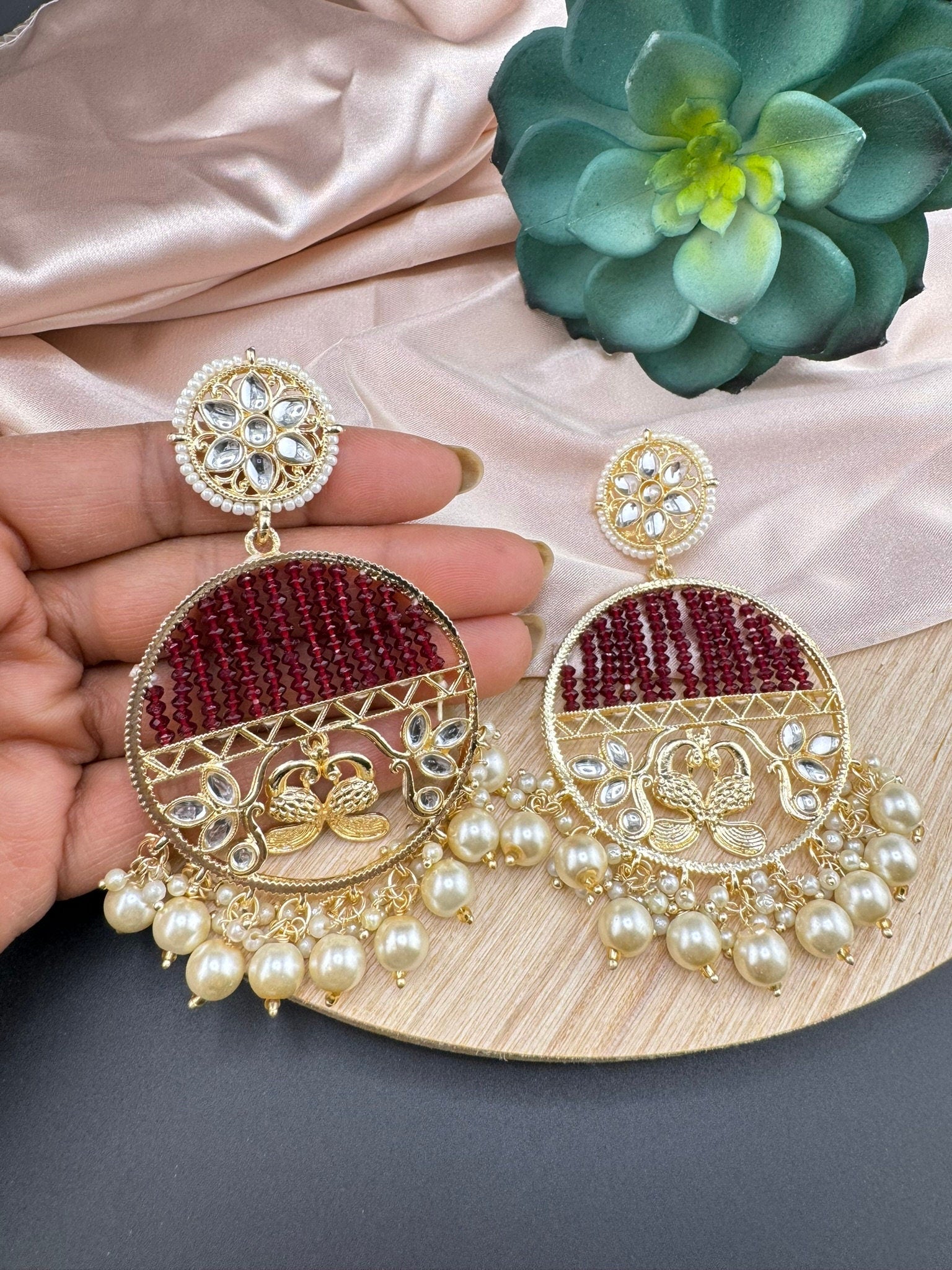 Glitter beads Gold Punjabi Chandbali with hydro beads kundan, pearls/Gold and pearl earring/statement Indian Earrings/Bridal Latest Earring