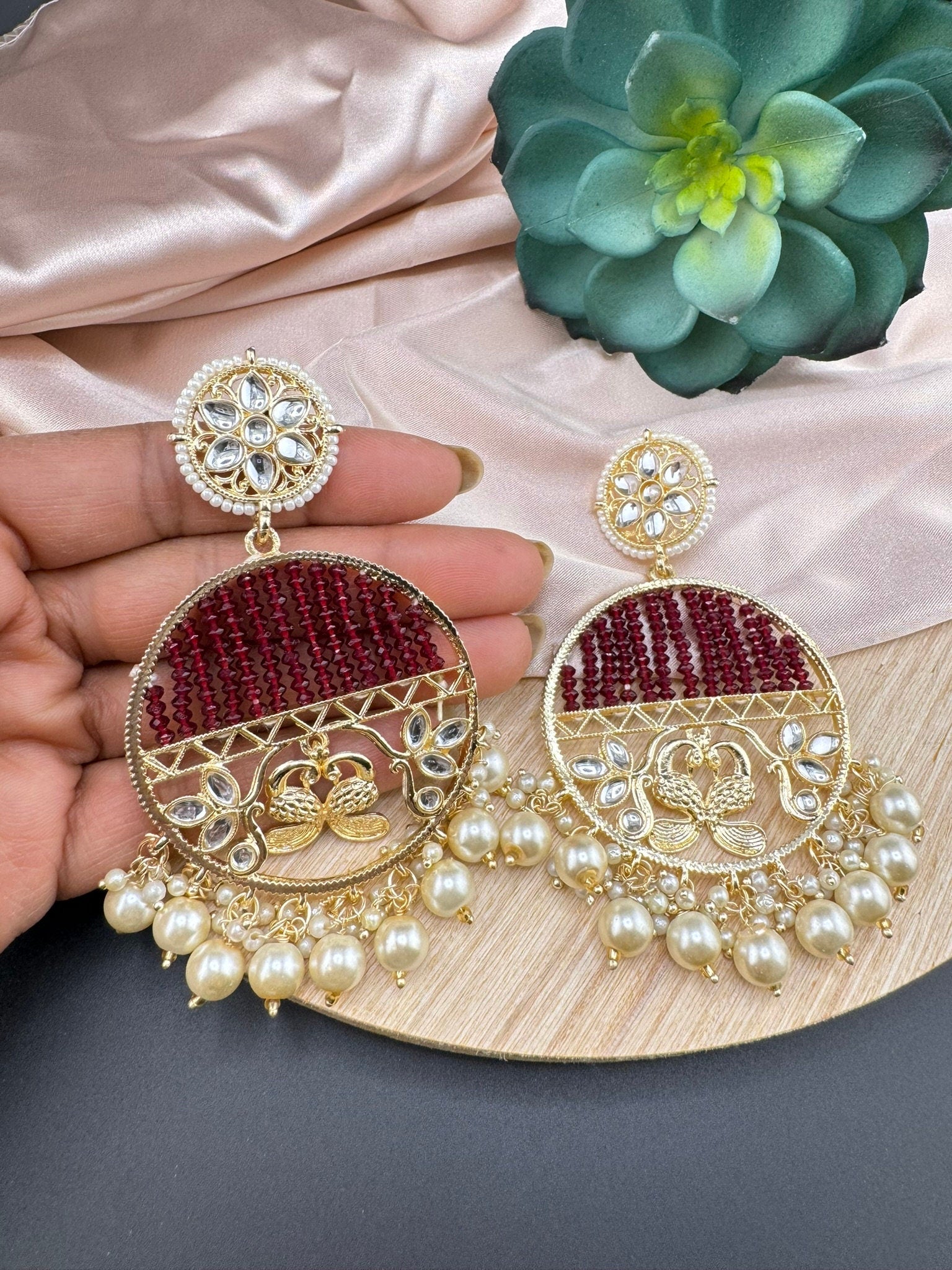 Glitter hydro beads kundan and Pearls Punjabi Chandbali Earrings
