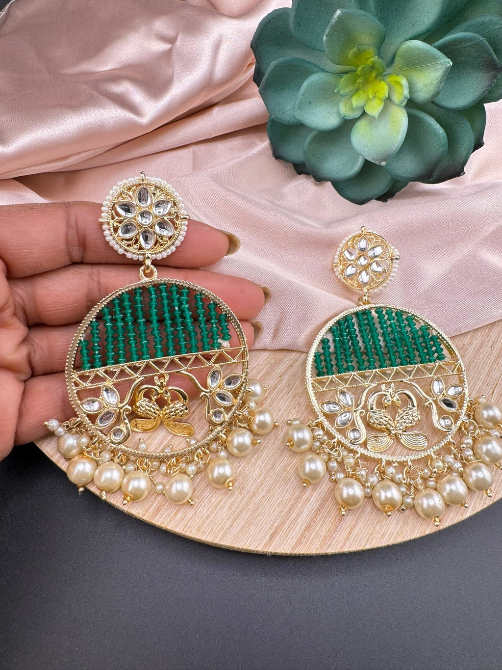 Glitter hydro beads kundan and Pearls Punjabi Chandbali Earrings