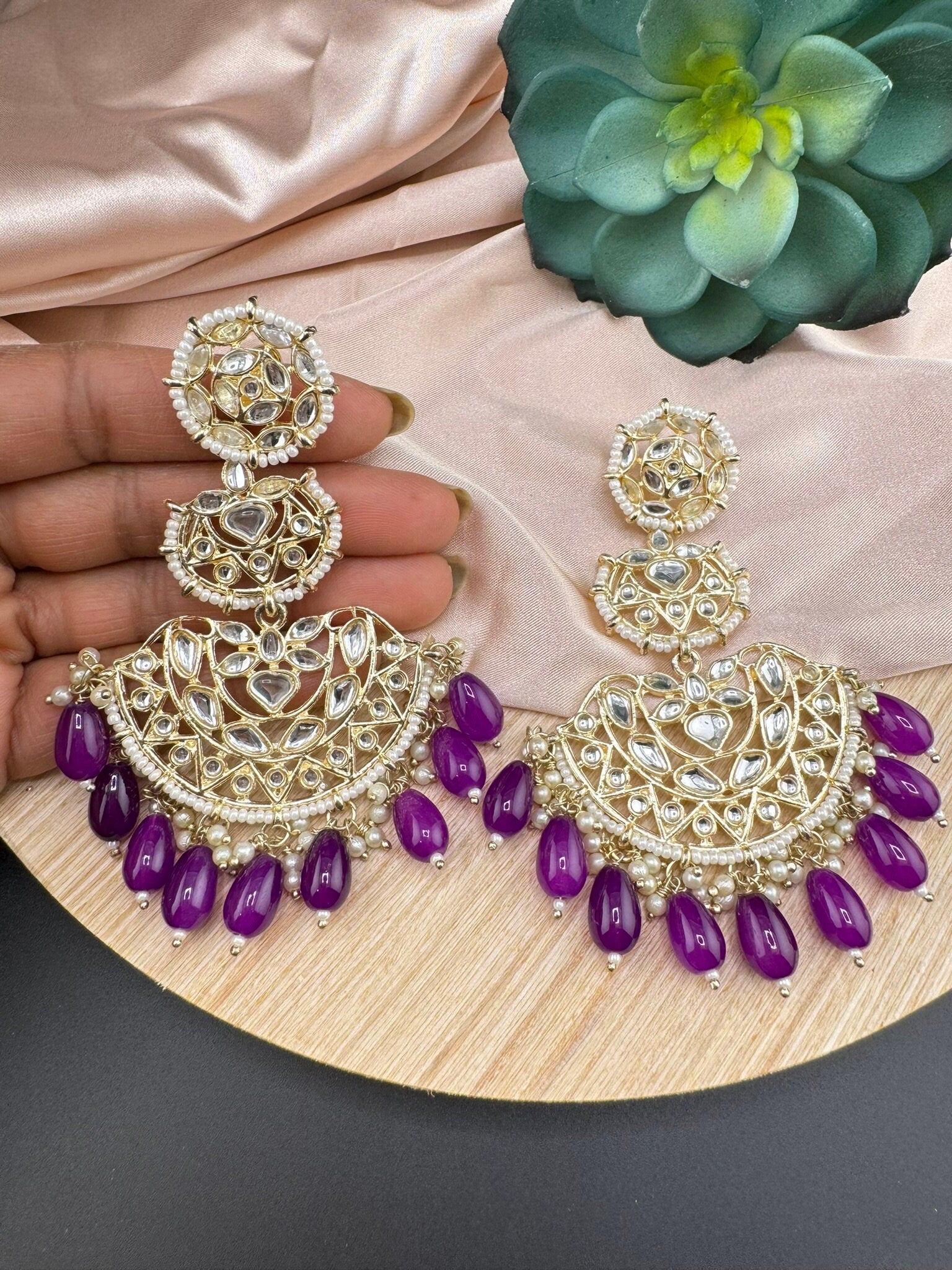 Gorgeous big Chand Bali Oversized earring with Kundan and pearls