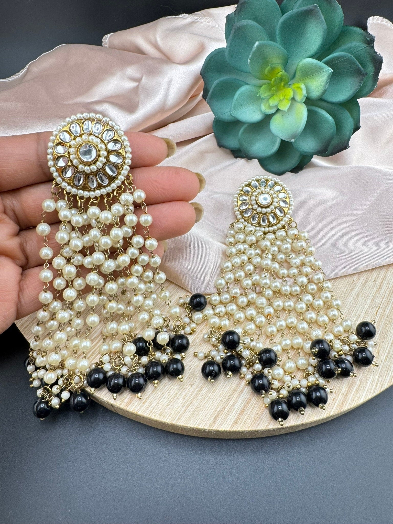 Big Kundan Studs with Pearls Latkan Long earrings