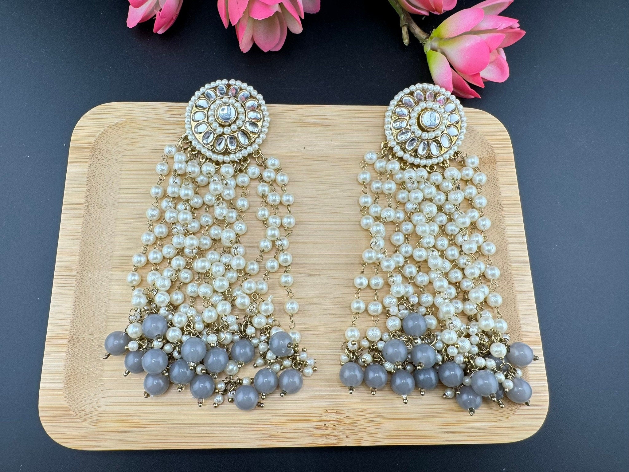 Big Kundan Studs with Pearls Latkan Long earrings