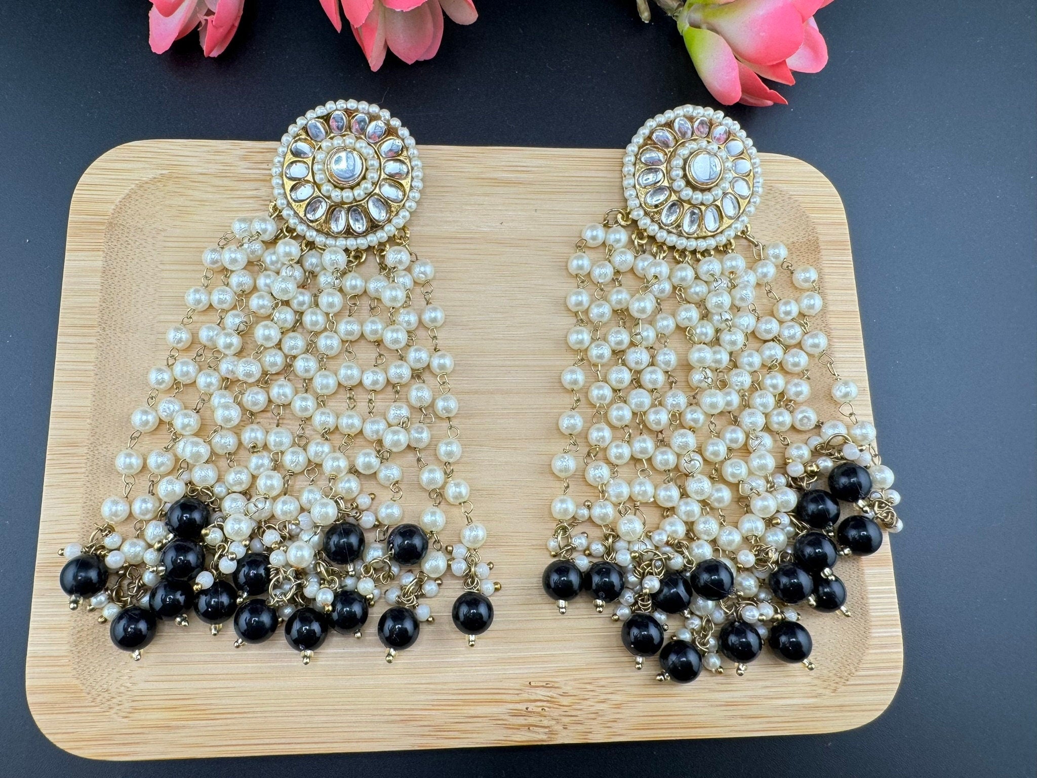 Big Kundan Studs with Pearls Latkan Long earrings