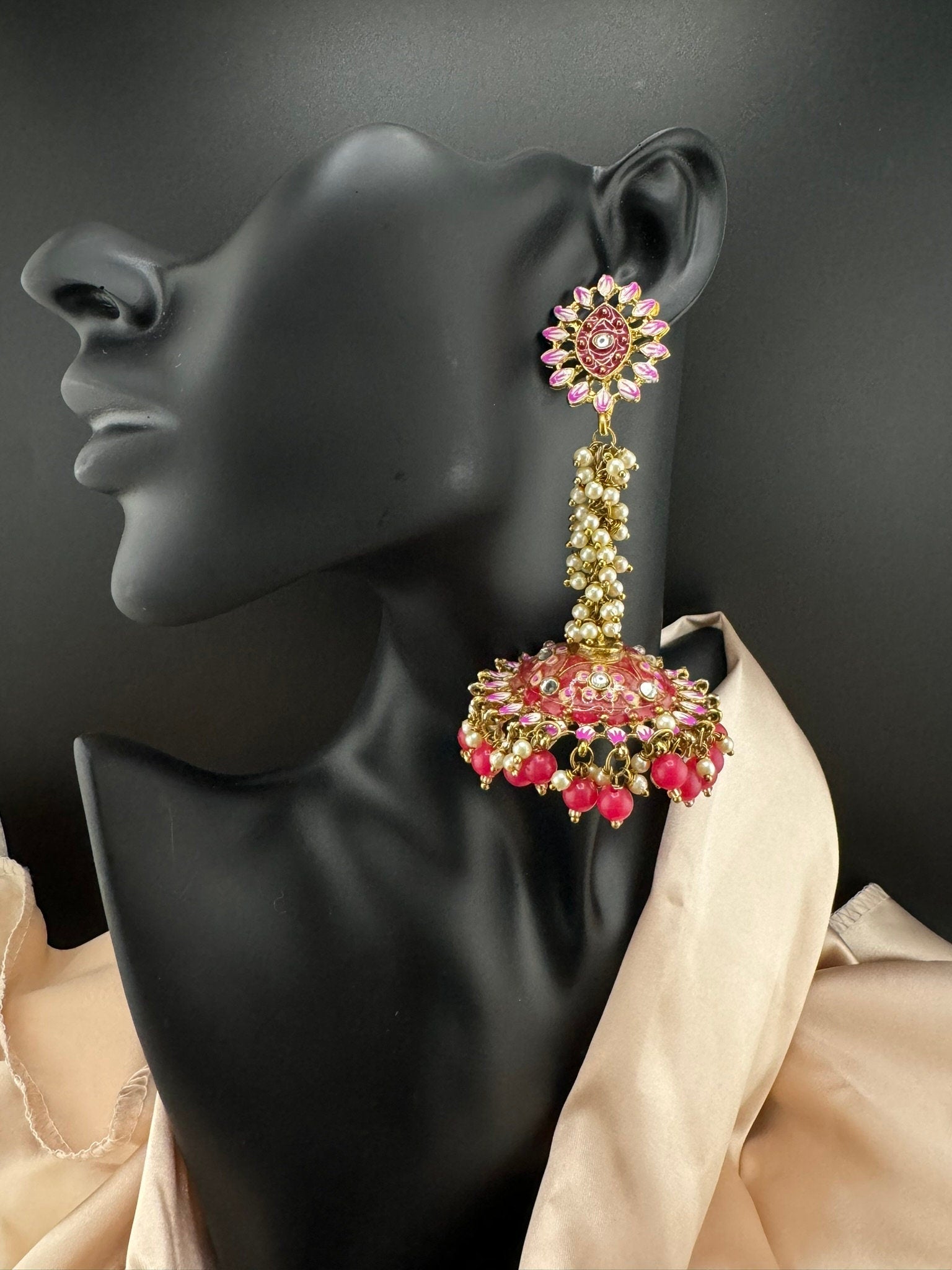 Long Jhumka with Minakari work, kundan and pearls details long Jhumka Earrings