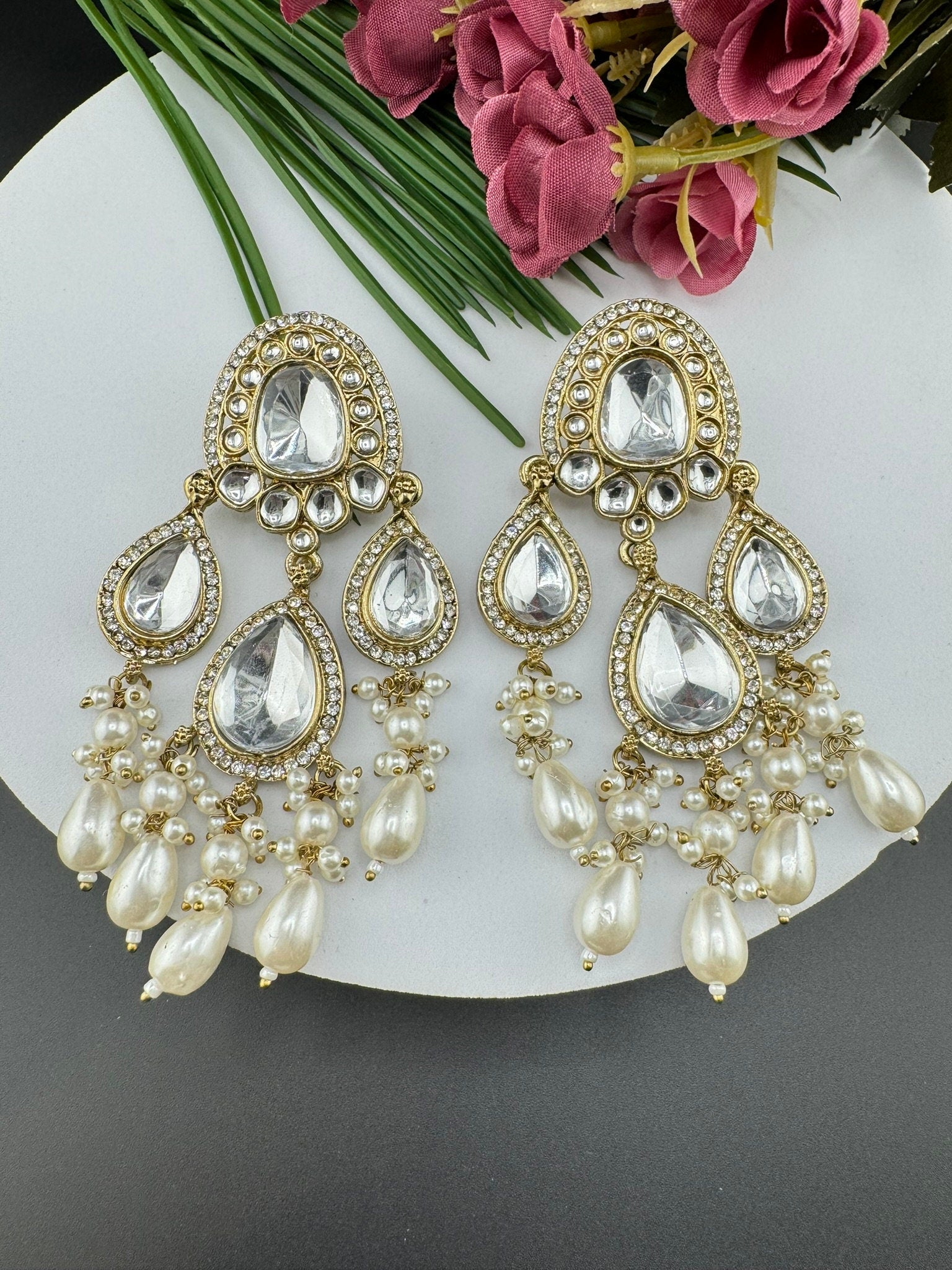 Kundan and CZ Chand Bali viral earring with stone and pearls/Gold earring/stone earring/Statement Indian Earrings/Bridal Earring/Big Kundan