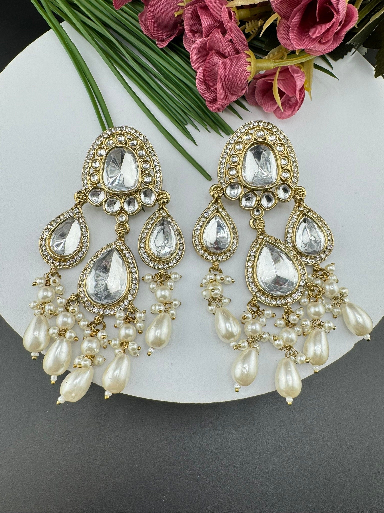 Kundan and Cubic Zirconia Long Chand Bali viral earring with stones and pearls