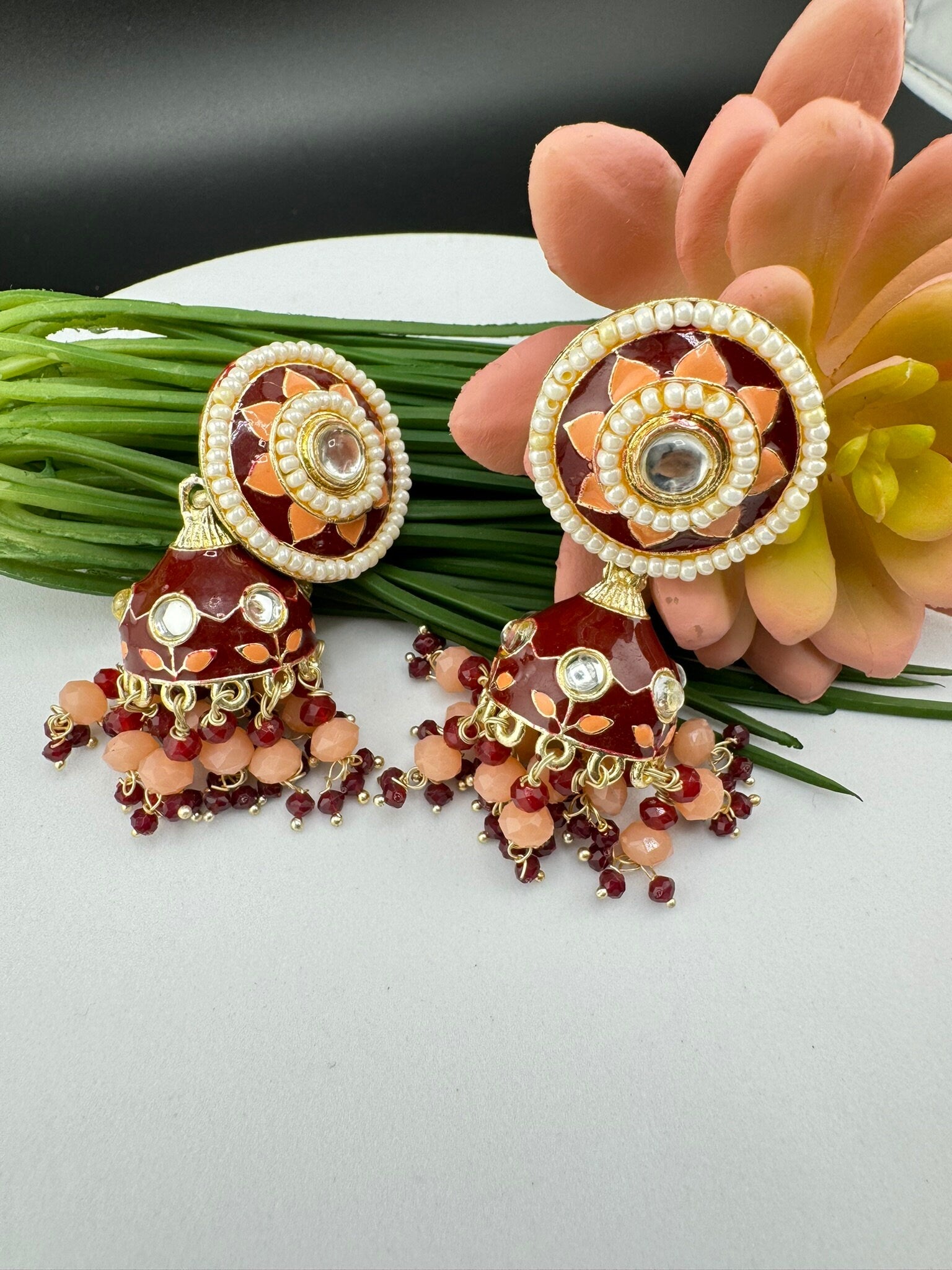 Minakari with Kundan and pearls Jhumka Earrings