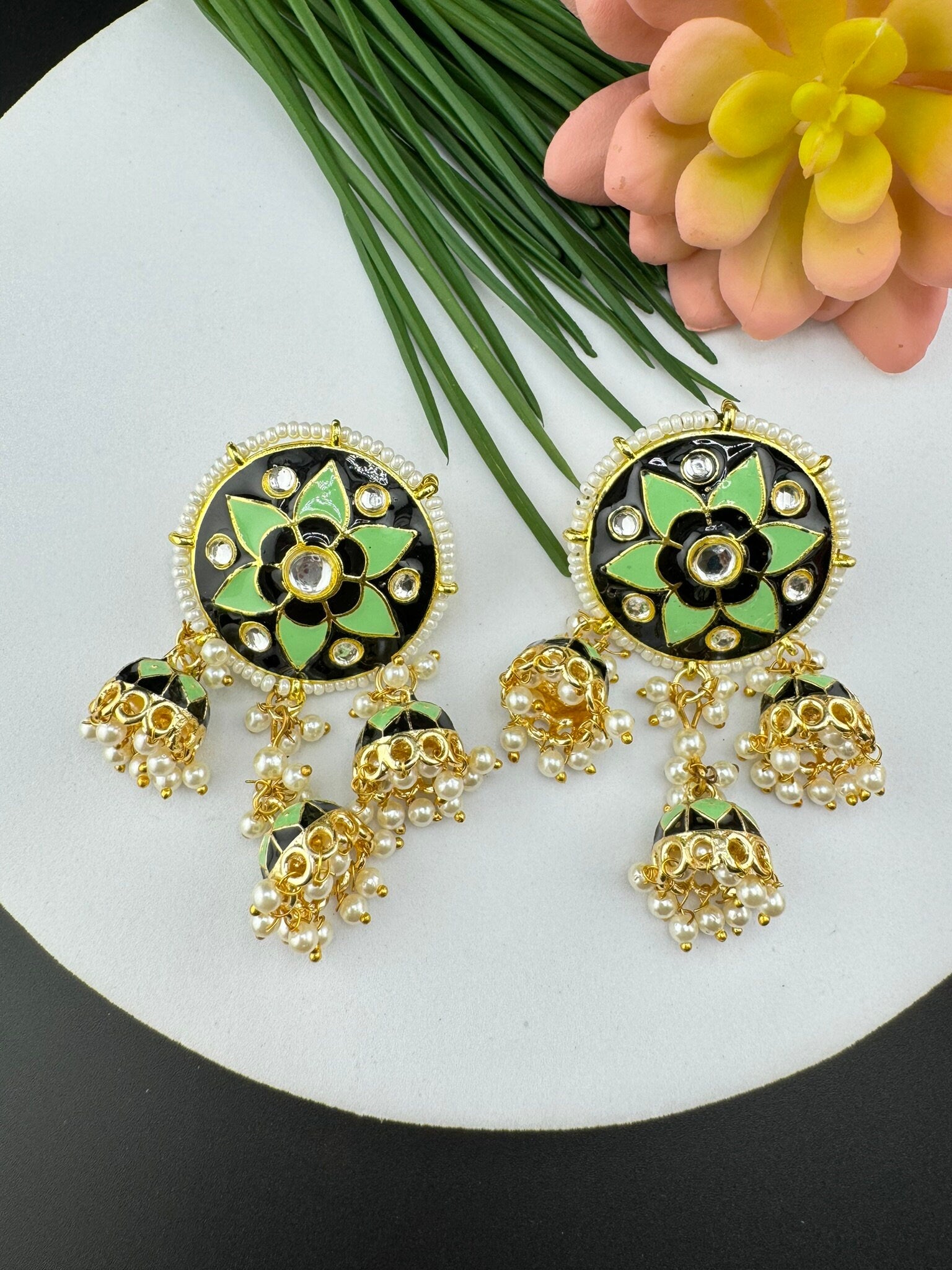 Minakari Stud with Jhumka with Kundan and pearls Earrings