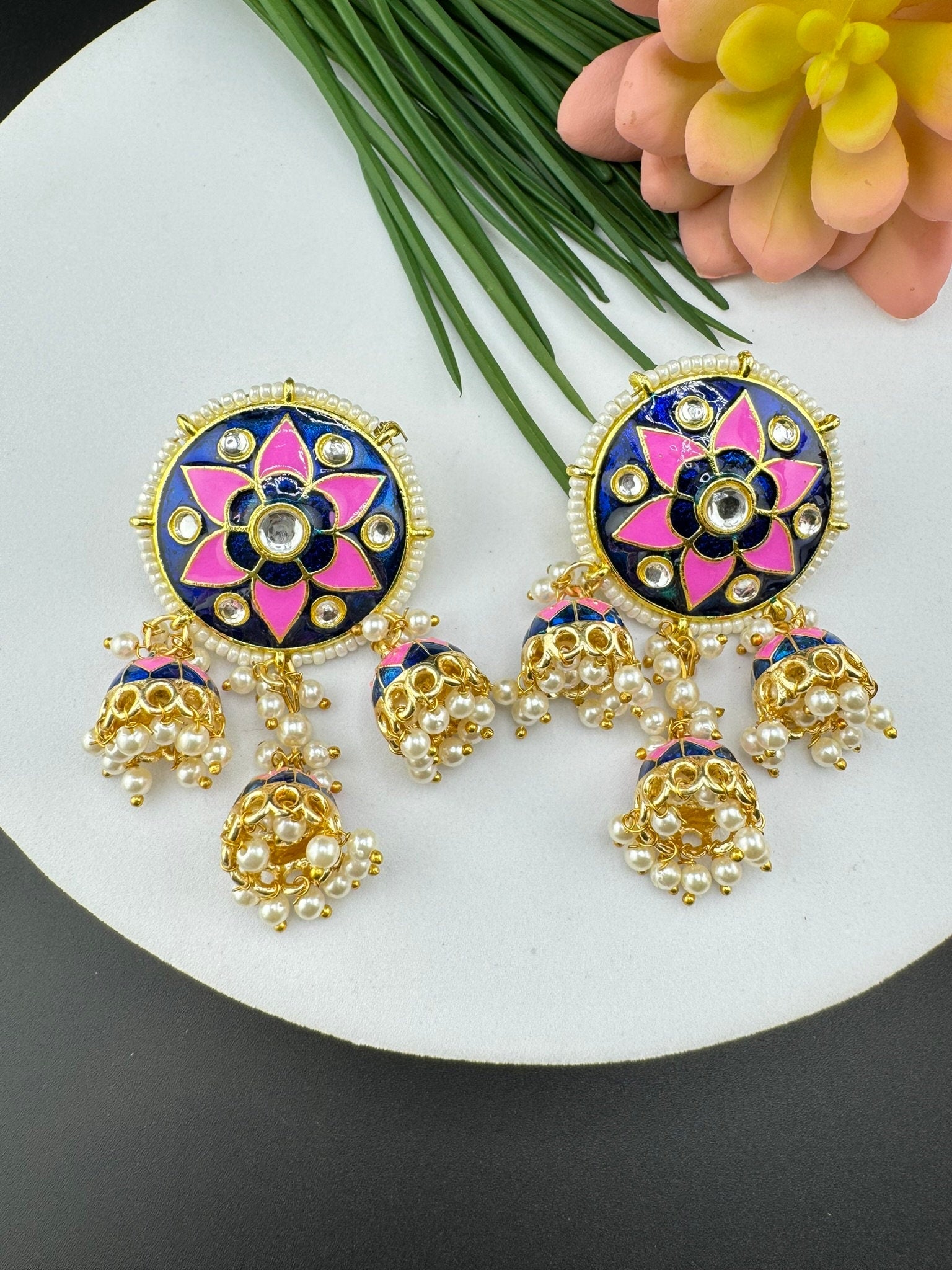 Minakari Stud with Jhumka with Kundan and pearls Earrings