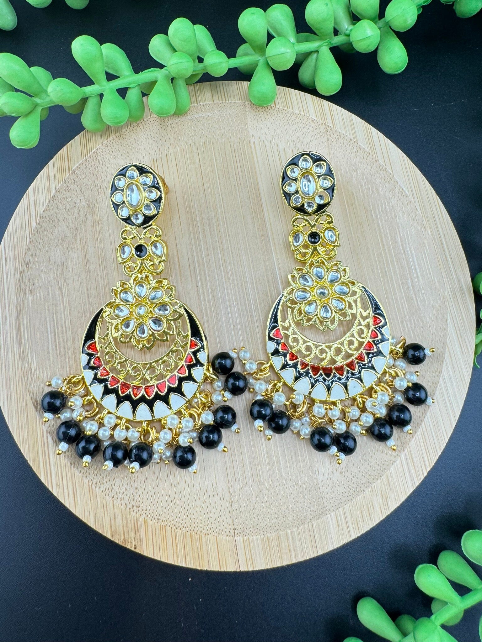 Minakari Black and Gold Chand Bali with Kundan and pearls earrings