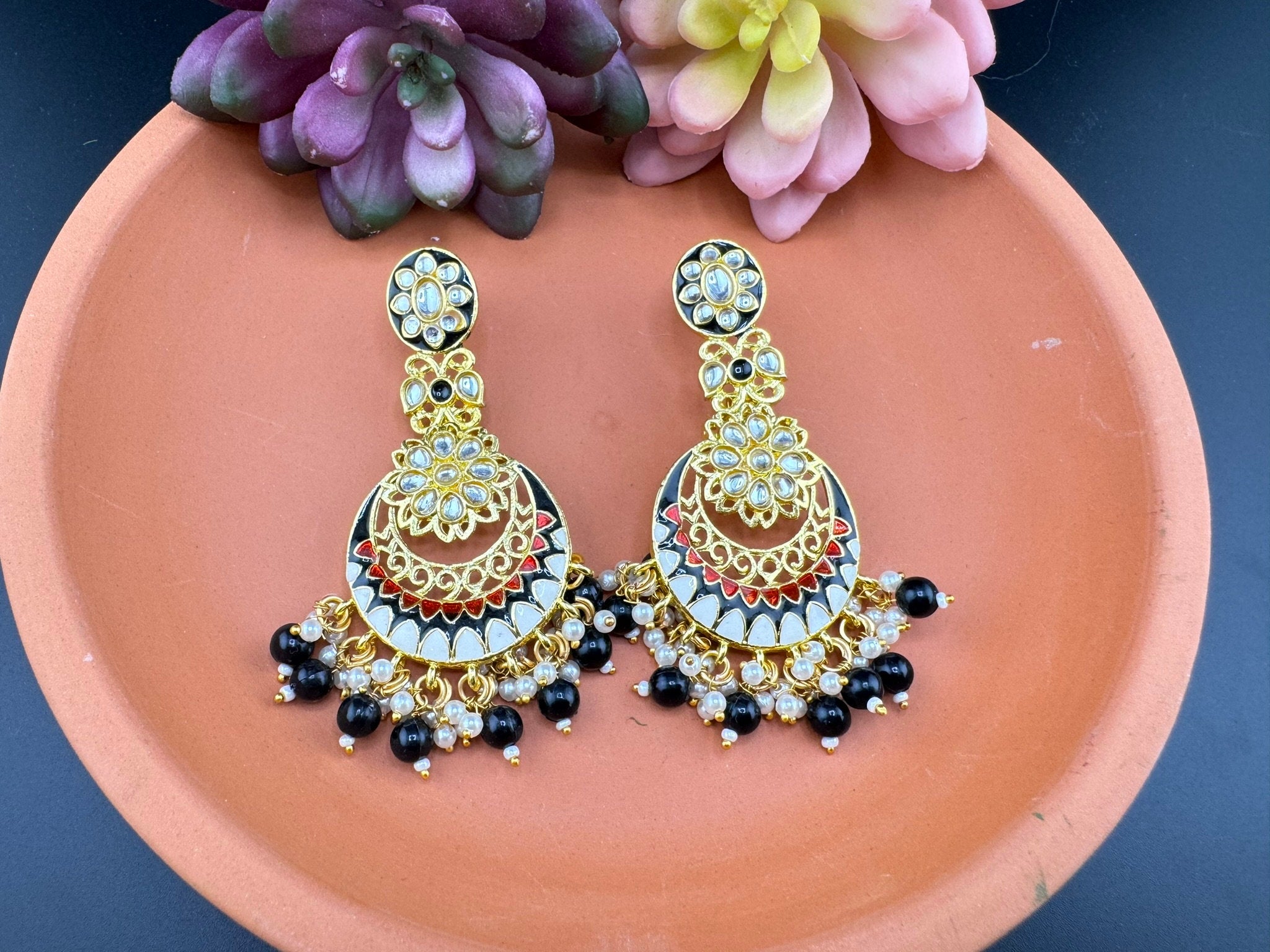 Minakari Black and Gold Chand Bali with Kundan and pearls earrings