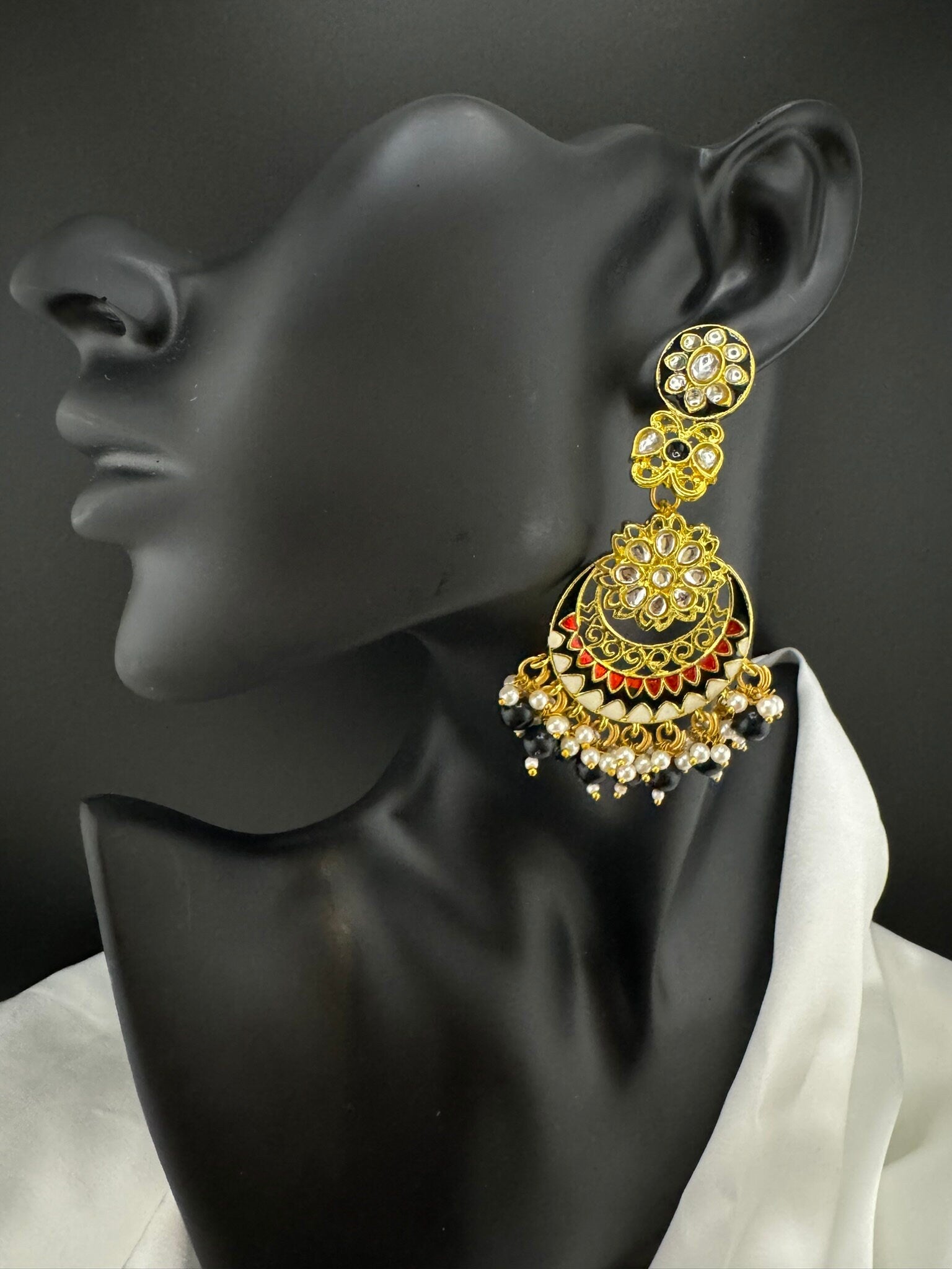 Minakari Black and Gold Chand Bali with Kundan and pearls earrings