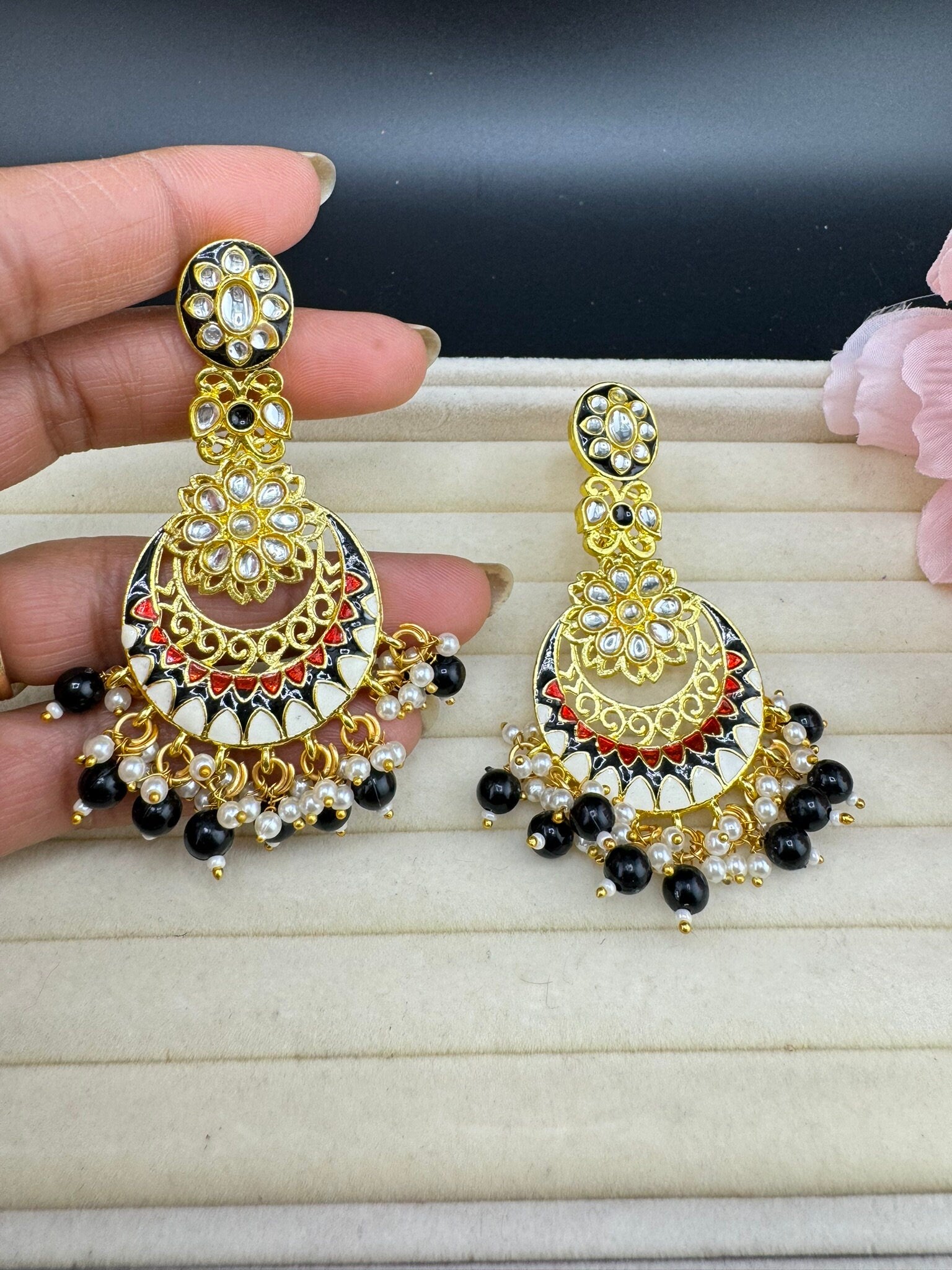 Minakari Black and Gold Chand Bali with Kundan and pearls earrings