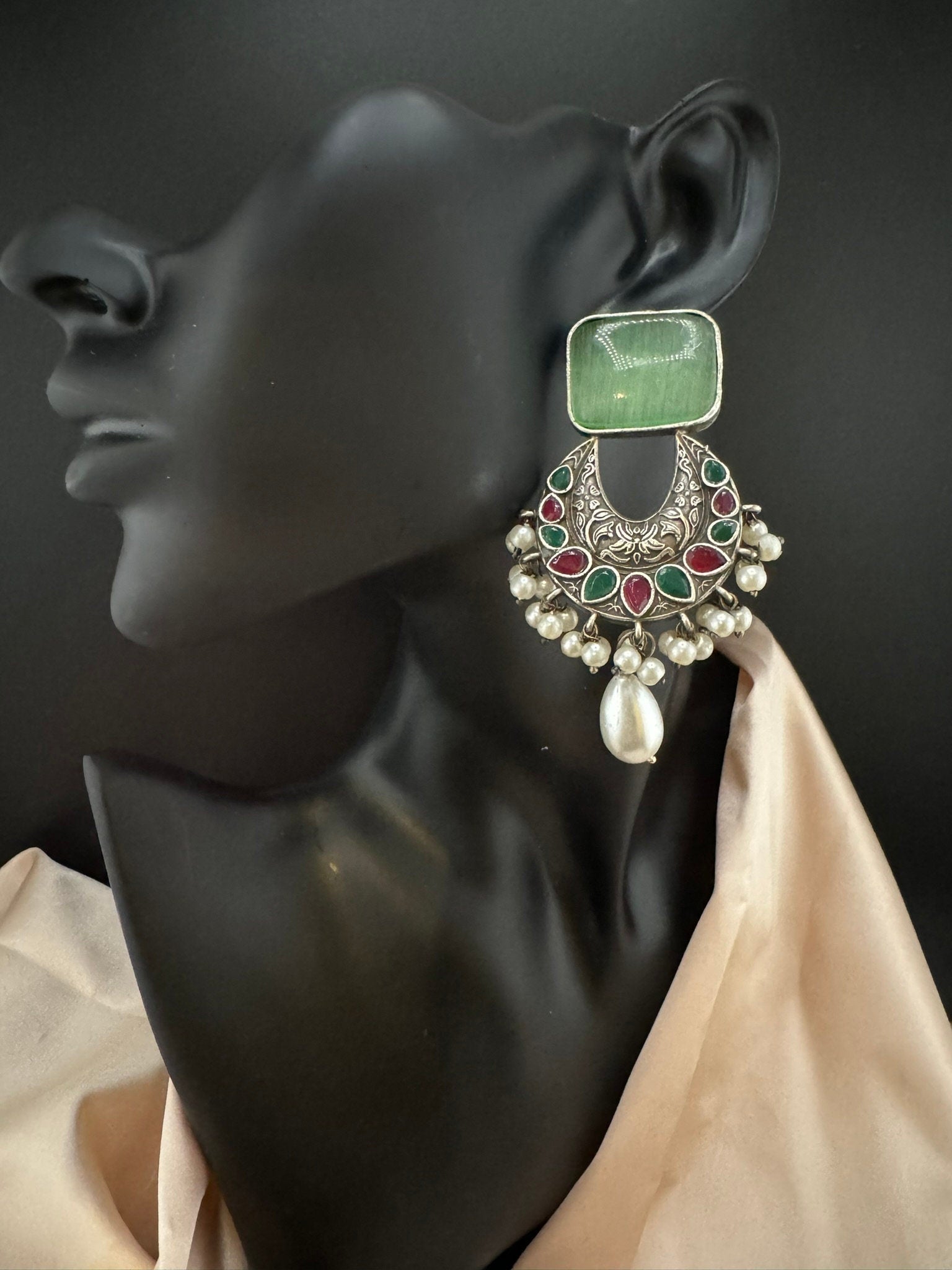 Mint/Light Green silver chandbali with stone and pearl/Oxidized silver earring/Statement Earrings/Boho Earring/Bird jewelry/Ethnic Earring