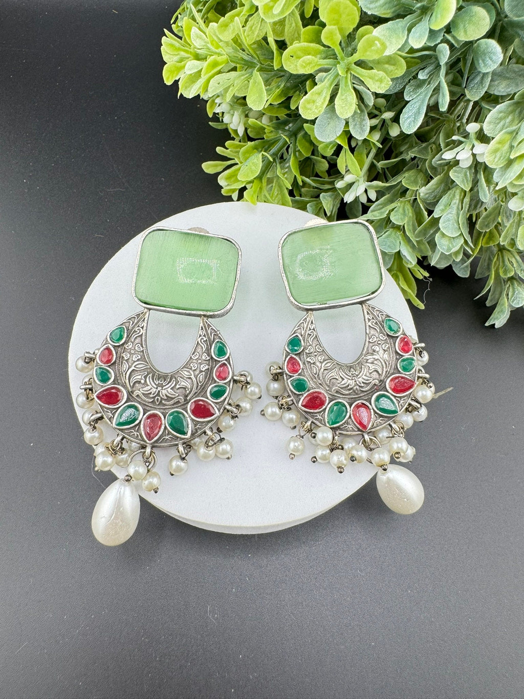 Mint/Light Green German Silver Oxidized chandbali with Monalisa Stone and pearls