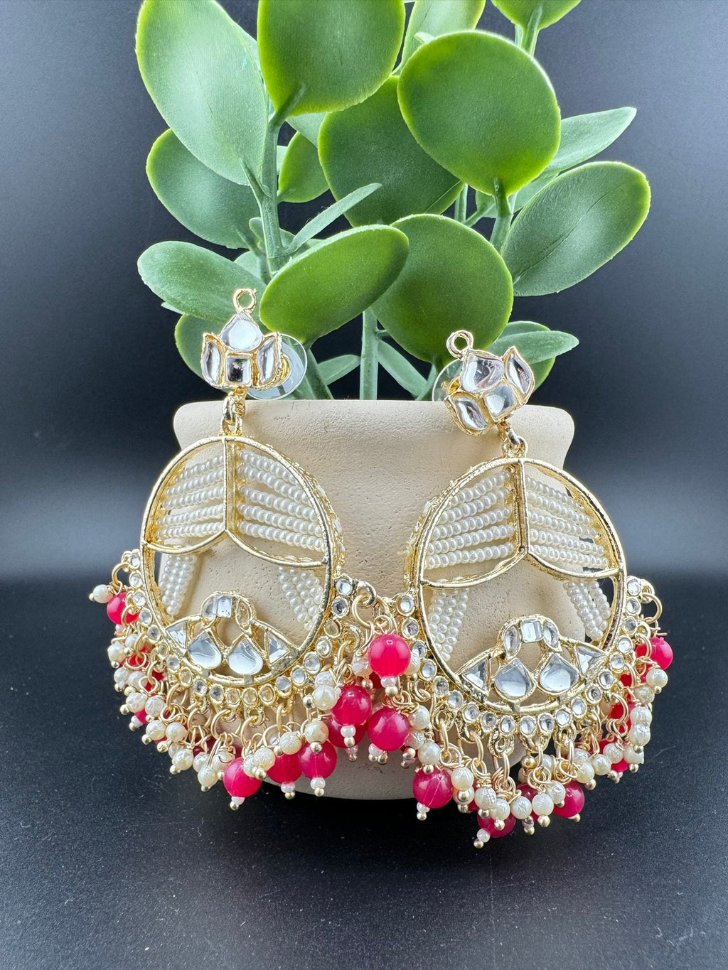 Pink and Gold Punjabi Chandbali with kundan and pearls detailings