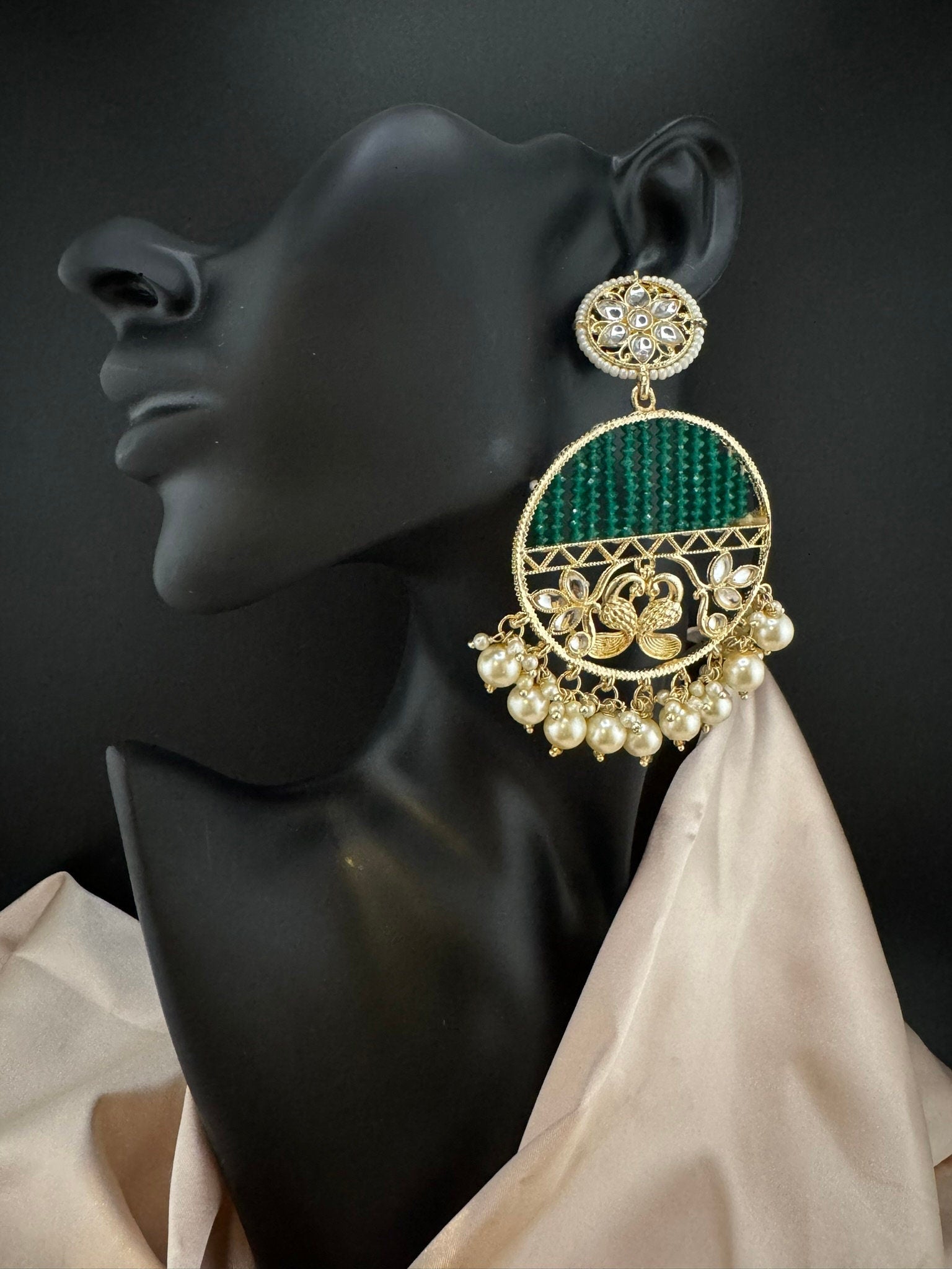 Glitter hydro beads kundan and Pearls Punjabi Chandbali Earrings