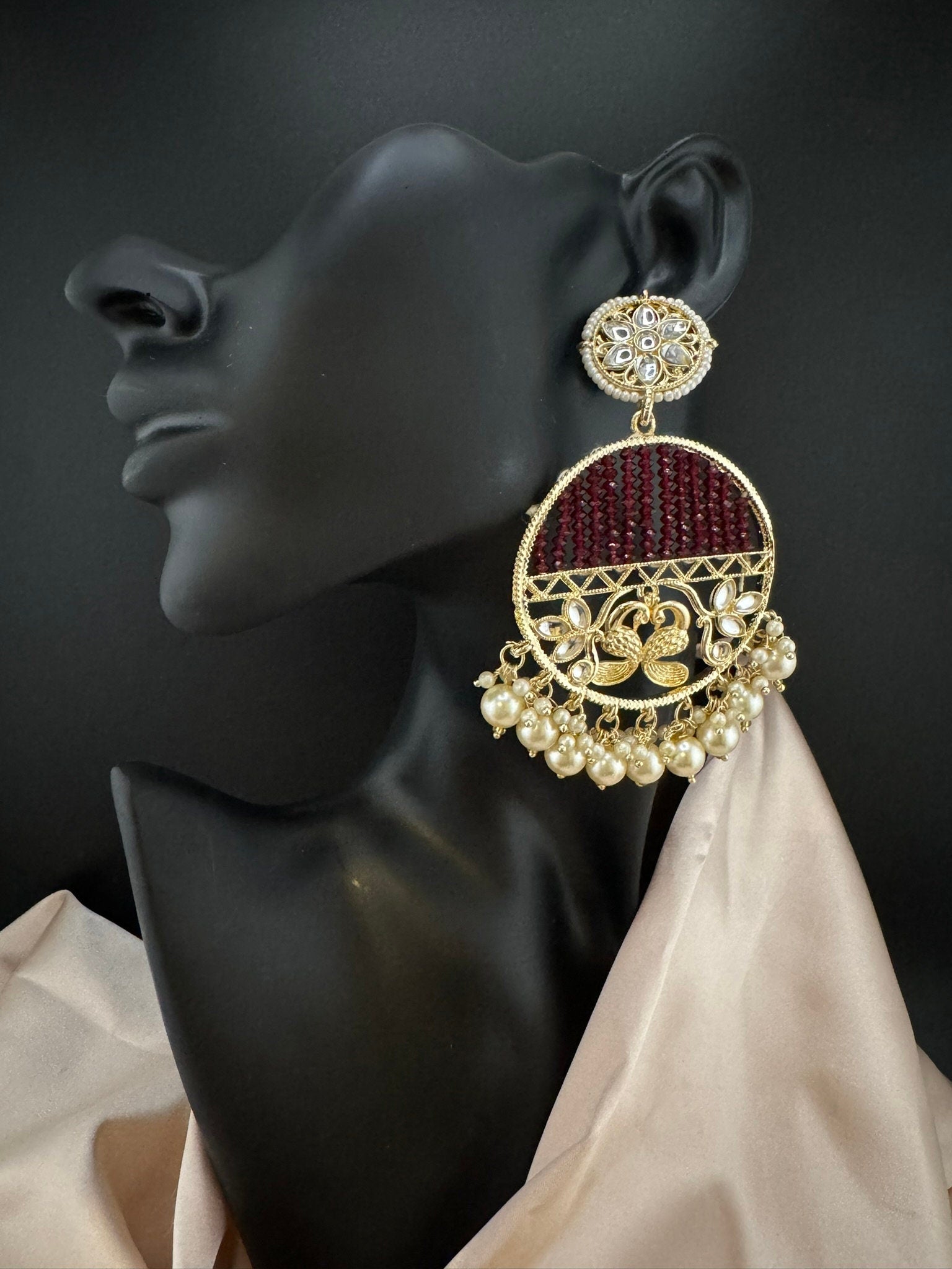 Glitter hydro beads kundan and Pearls Punjabi Chandbali Earrings