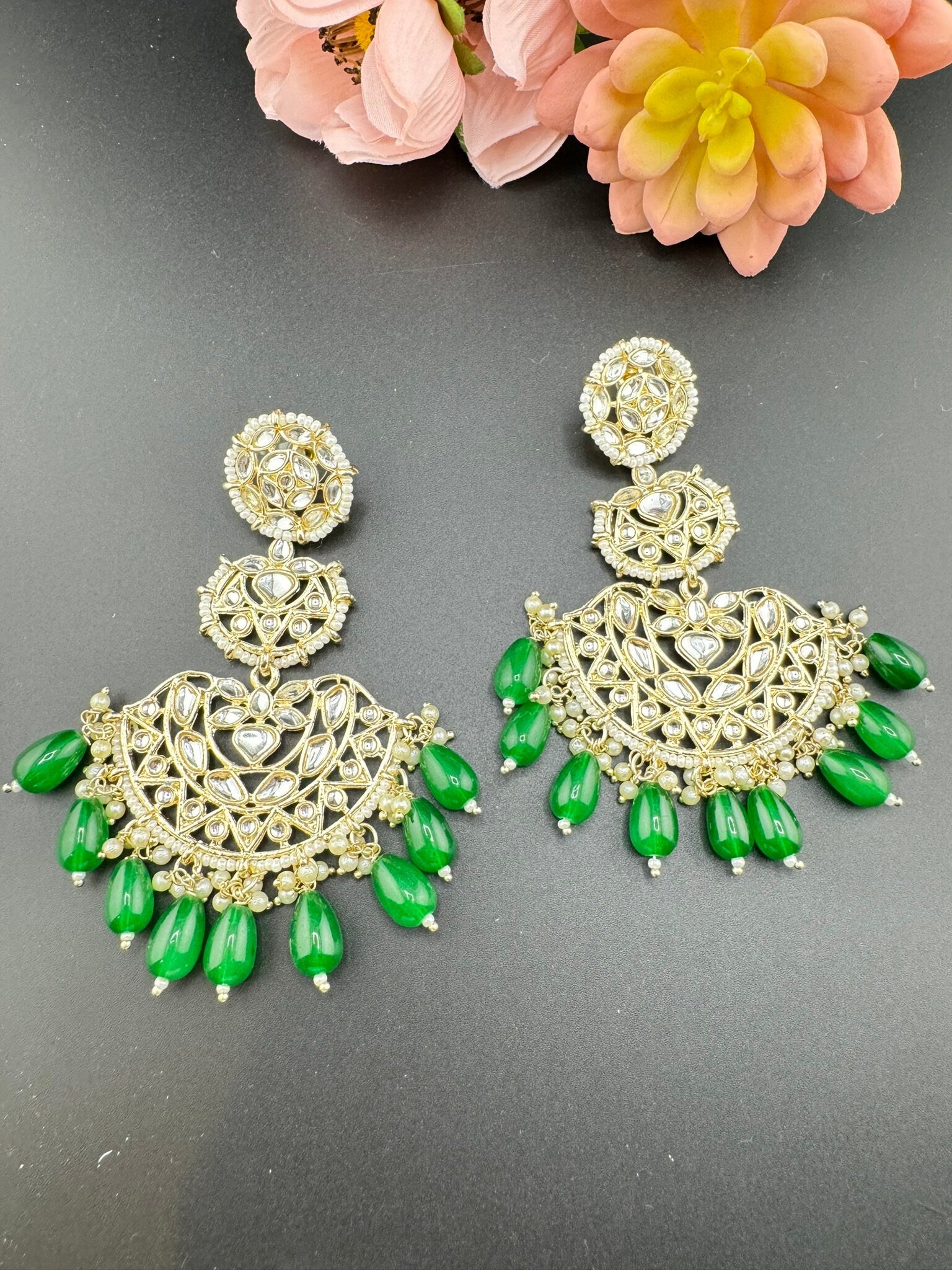 Gorgeous big Chand Bali Oversized earring with Kundan and pearls/Gold earring/stone earring/Statement Indian Earrings/Bridal Earring/Kundan