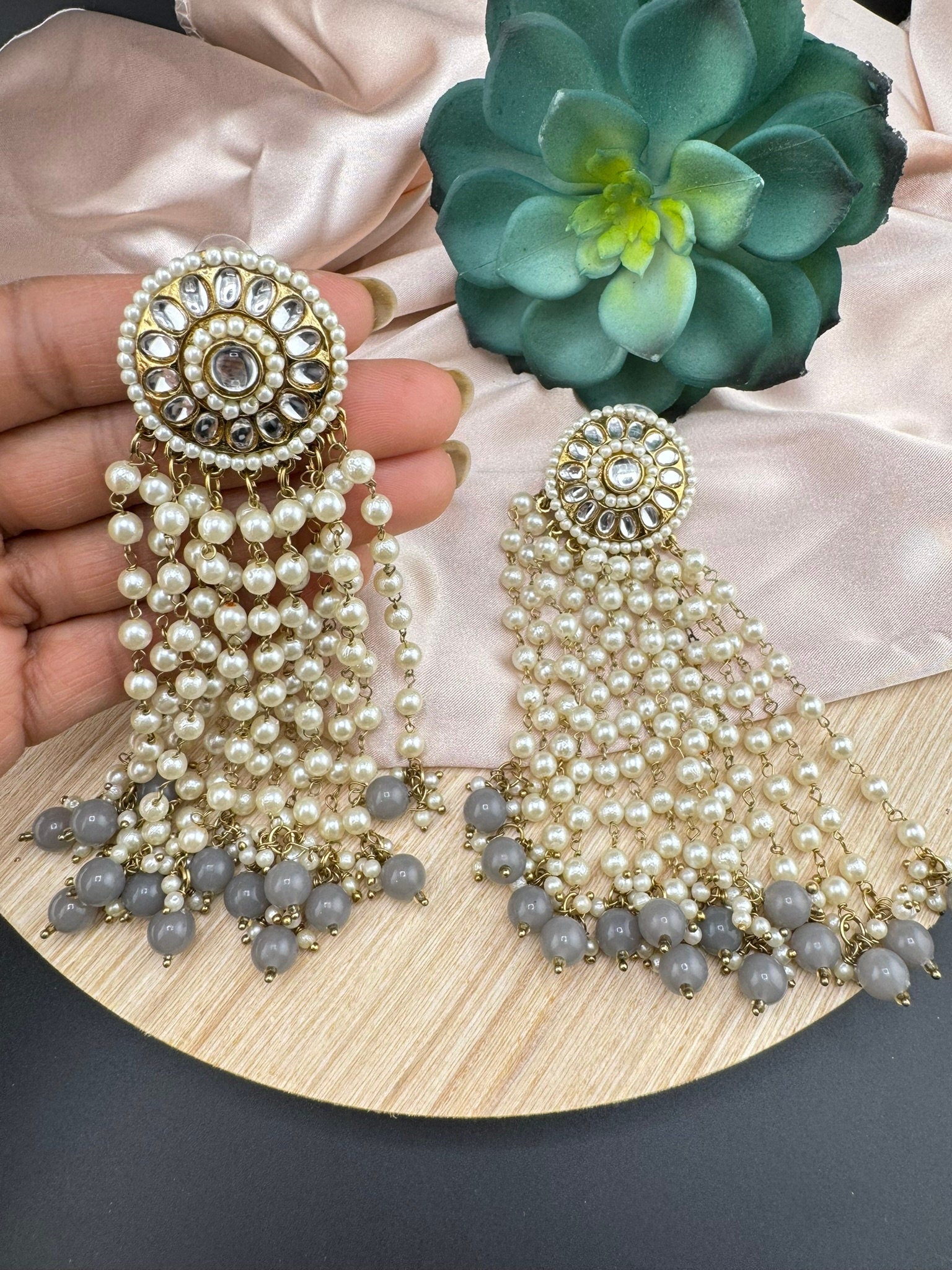 Big Kundan Studs with Pearls Latkan Long earrings