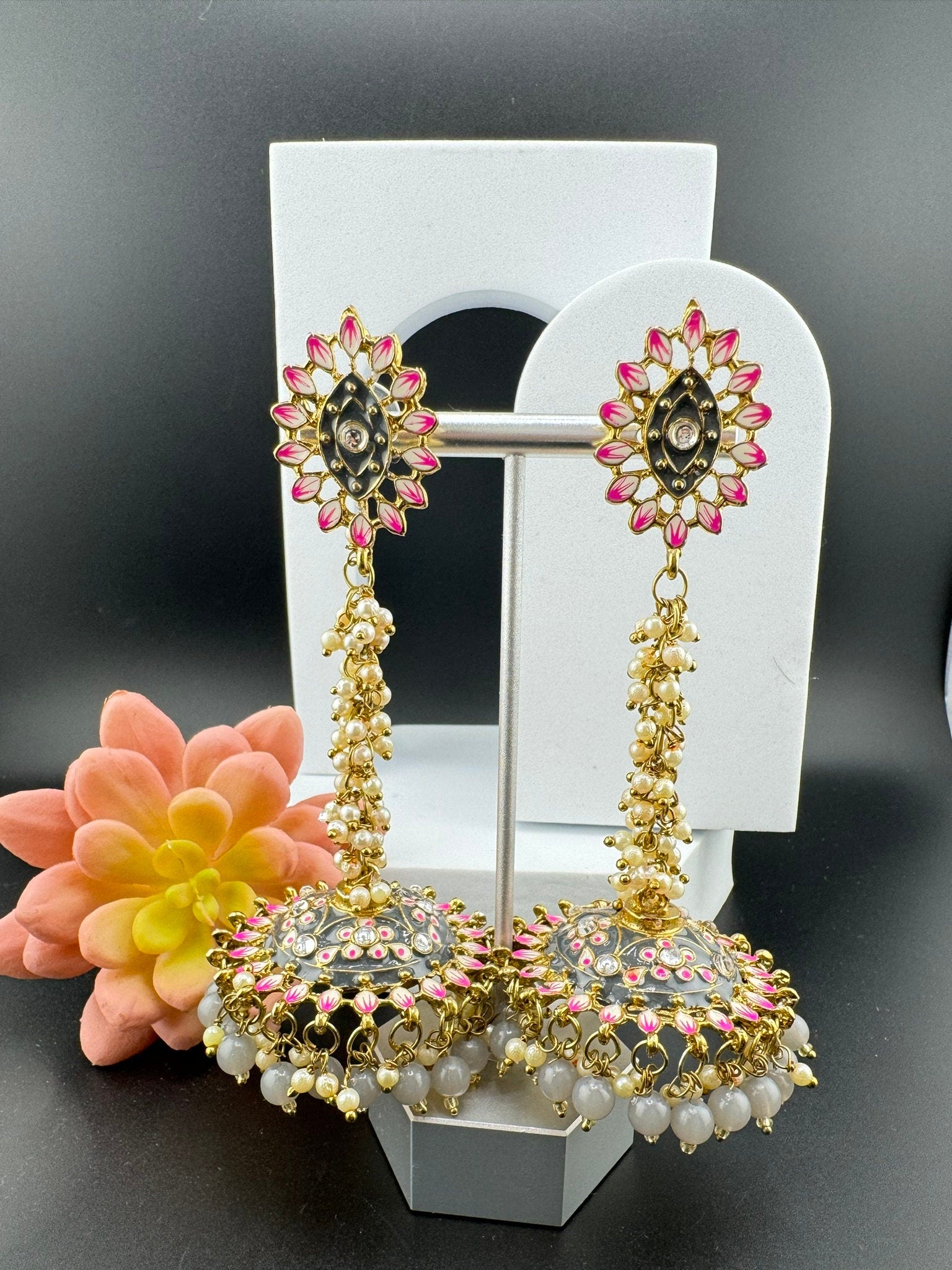 Long unique Jhumka with Minakari work, kundan and pearls details/Indian Statement Earrings/Indian Jhumka Earrings/Bridal Earring/Flat jhumka