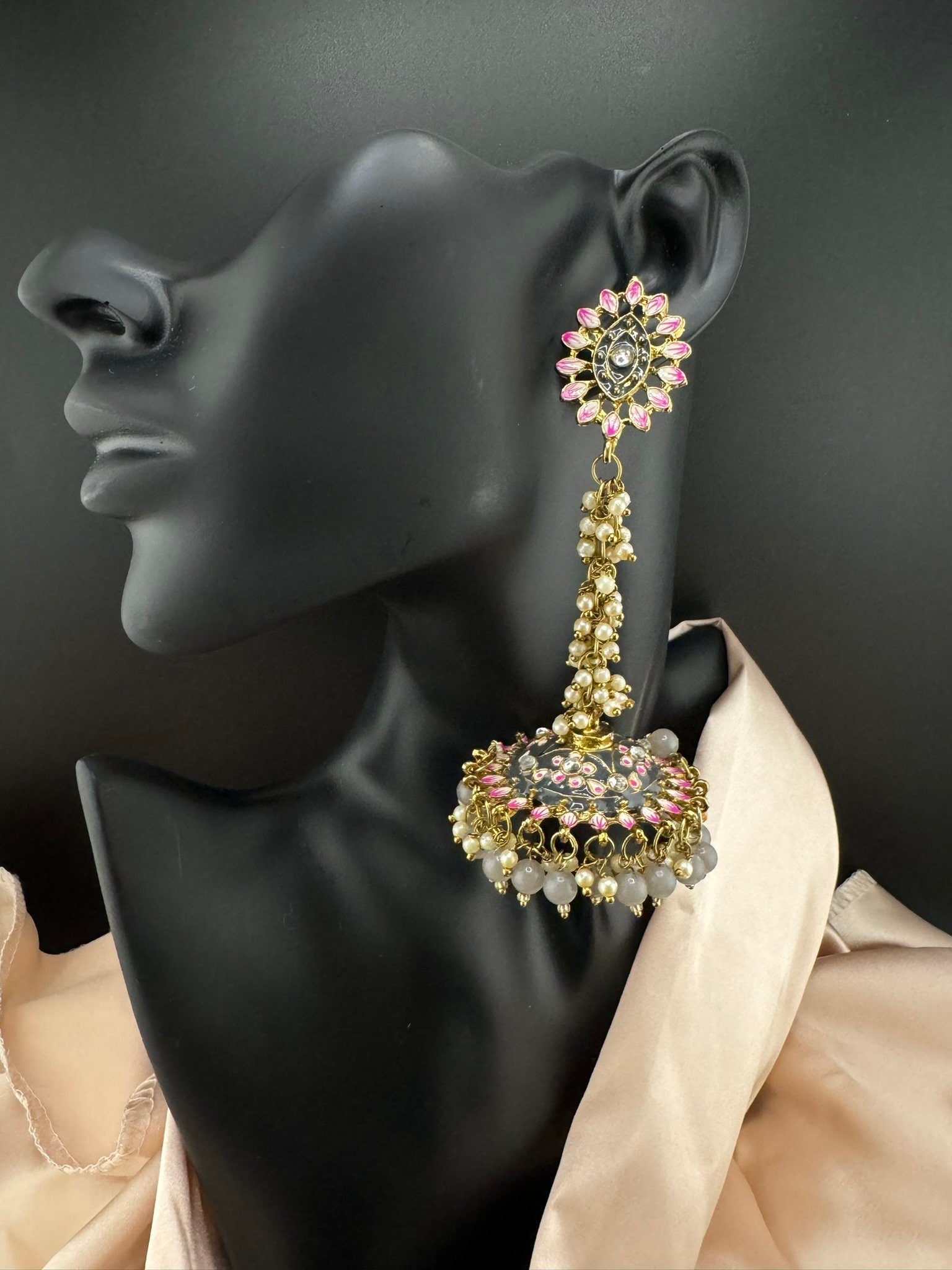 Long unique Jhumka with Minakari work, kundan and pearls details/Indian Statement Earrings/Indian Jhumka Earrings/Bridal Earring/Flat jhumka