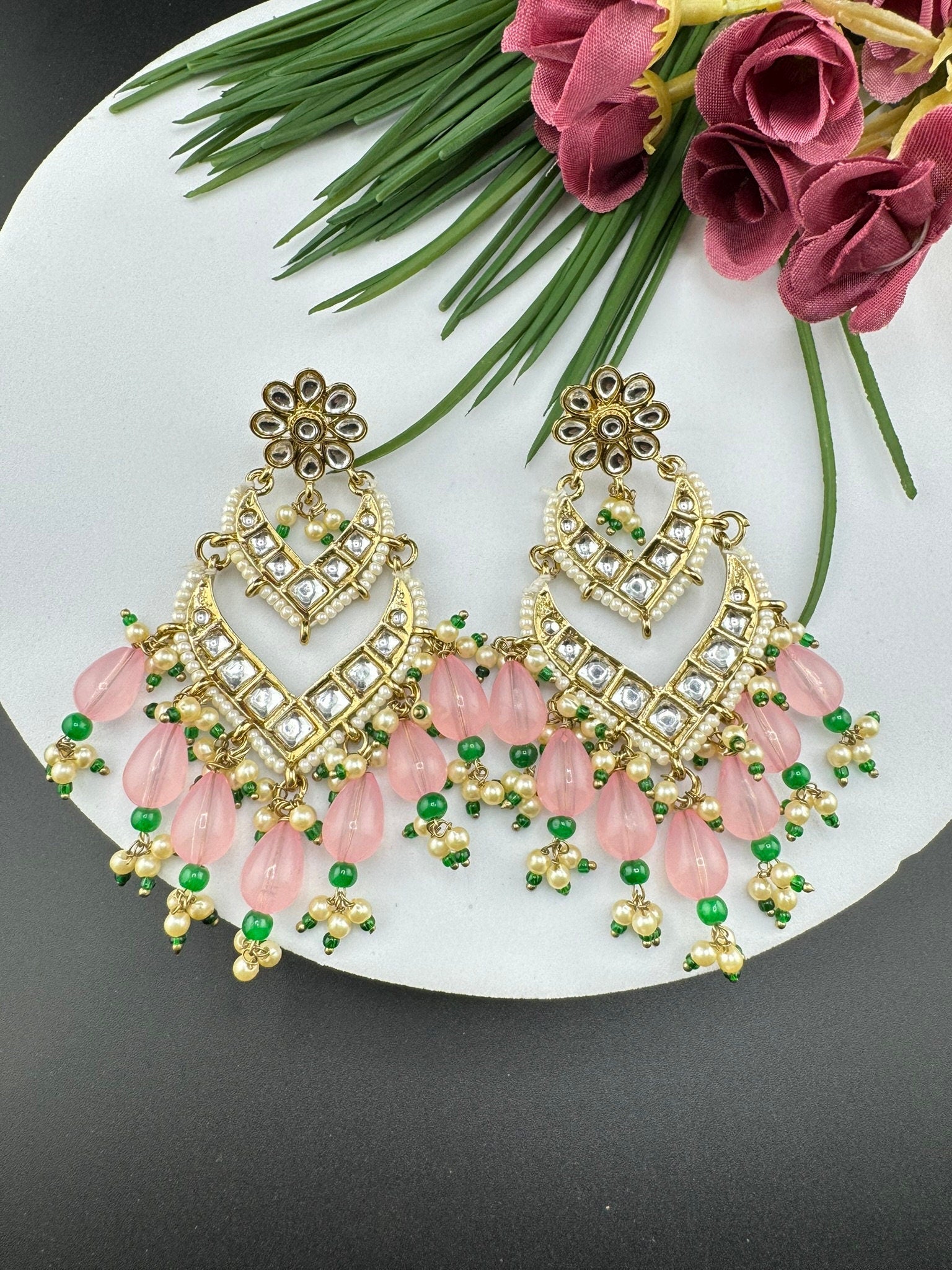 2 layer Chand Bali trending viral earring with stone and pearls/Gold earring/stone earring/Statement Indian Earrings/Bridal Earring/Kundan