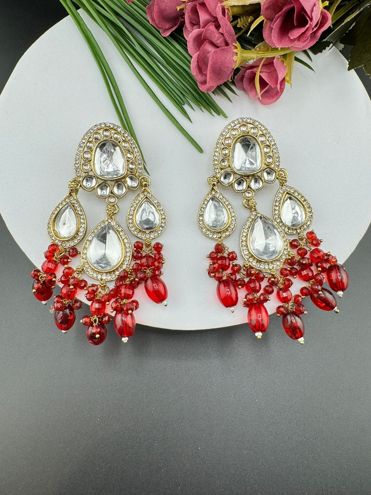 Kundan and Cubic Zirconia Long Chand Bali viral earring with stones and pearls