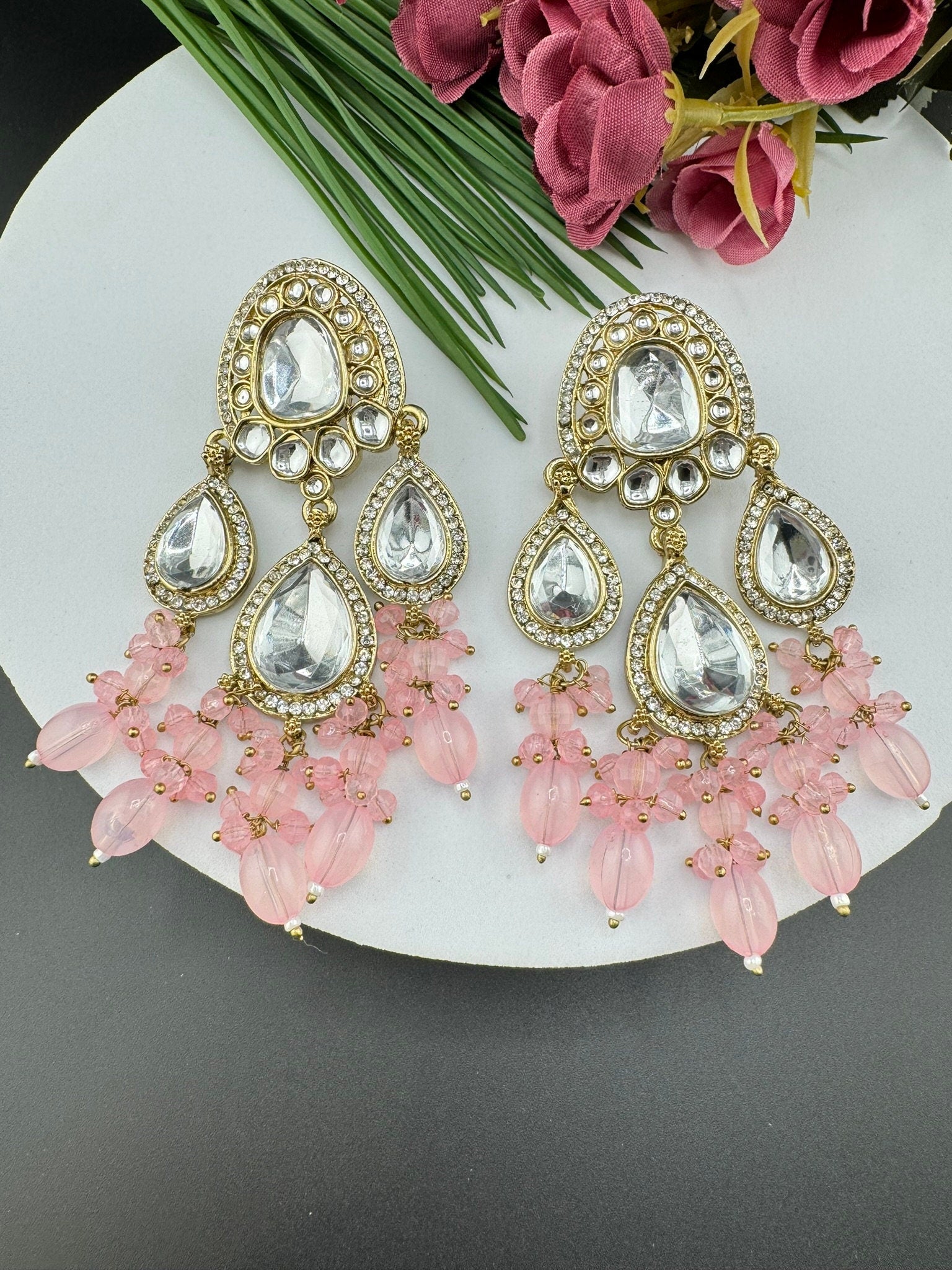 Kundan and Cubic Zirconia Long Chand Bali viral earring with stones and pearls