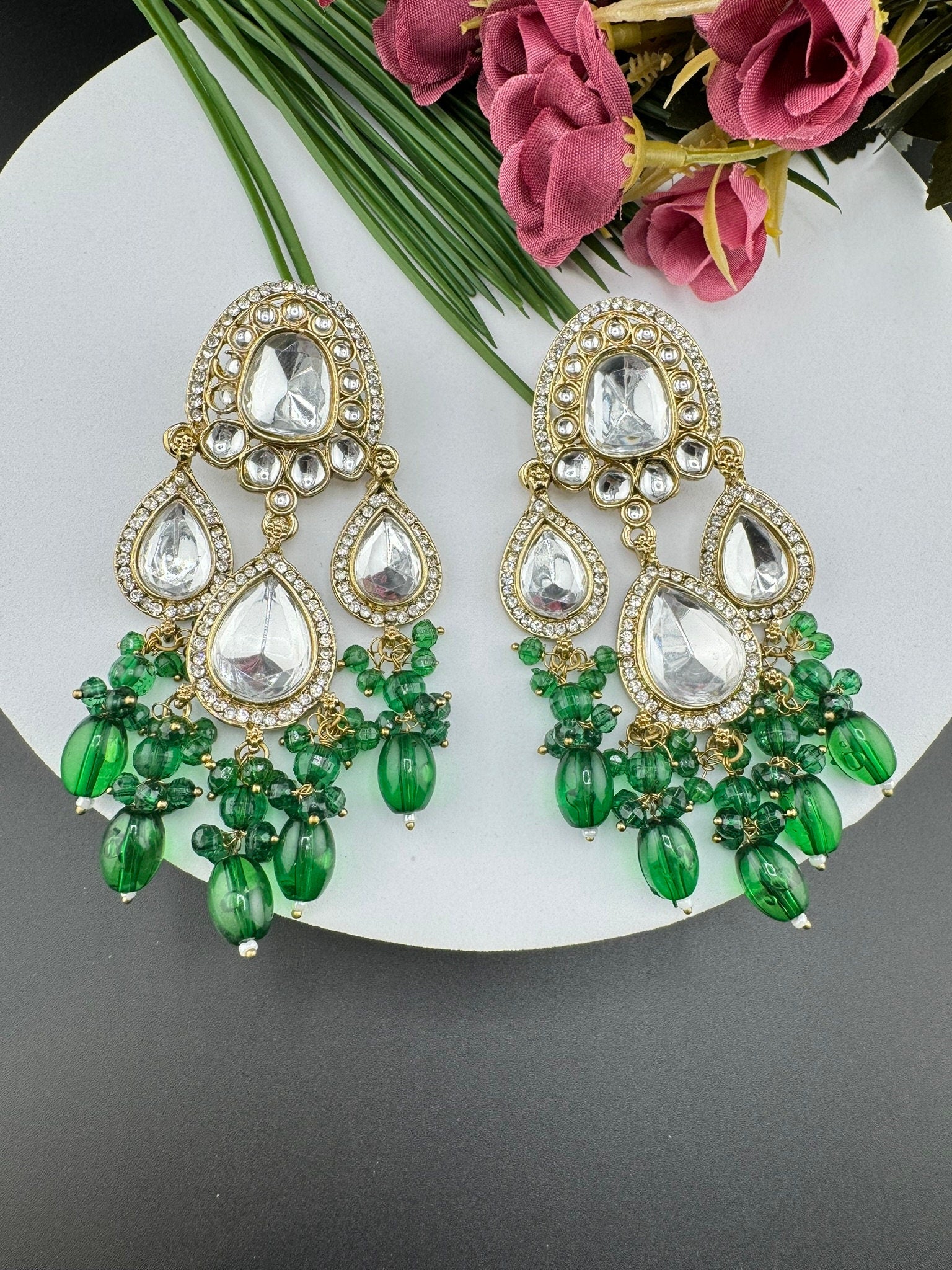 Kundan and CZ Chand Bali viral earring with stone and pearls/Gold earring/stone earring/Statement Indian Earrings/Bridal Earring/Big Kundan