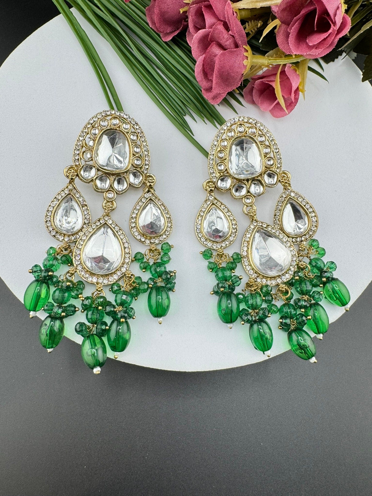 Kundan and Cubic Zirconia Long Chand Bali viral earring with stones and pearls