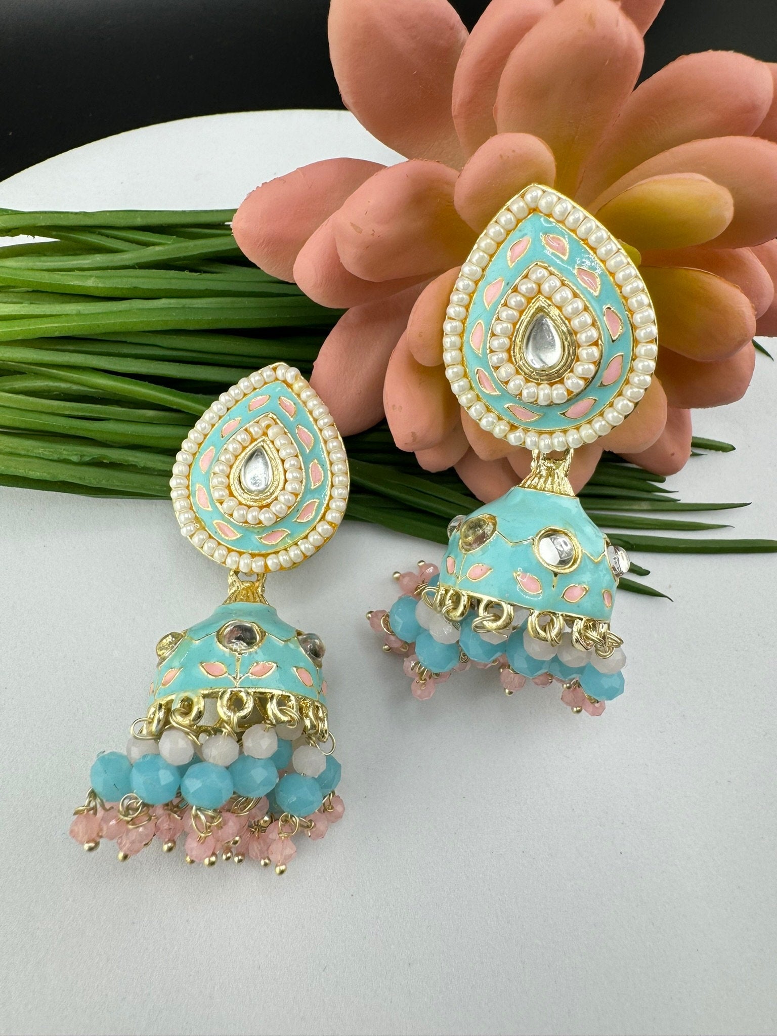 Minakari with Kundan and pearls Jhumka Earrings