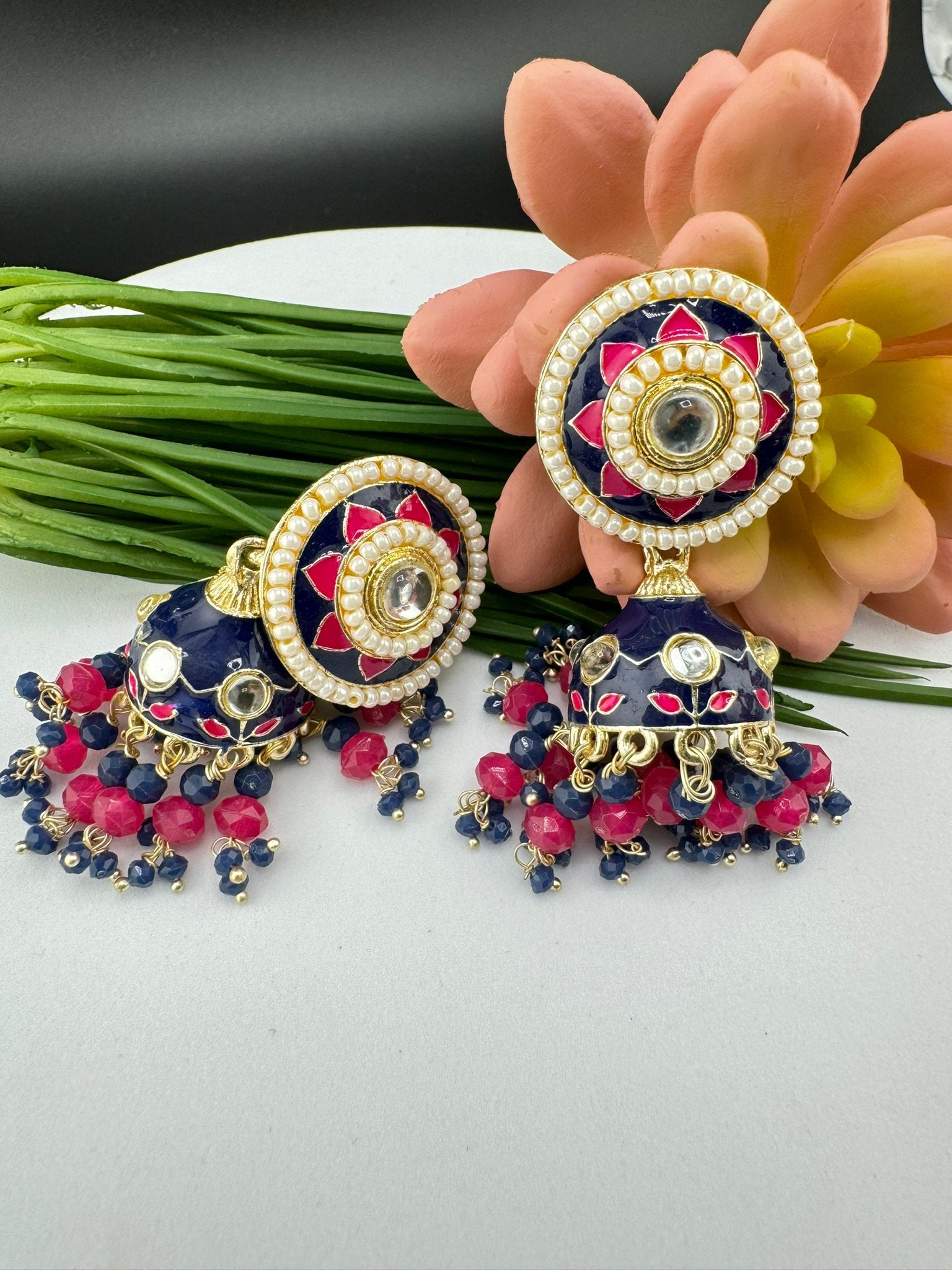 Minakari with Kundan and pearls Jhumka Earrings