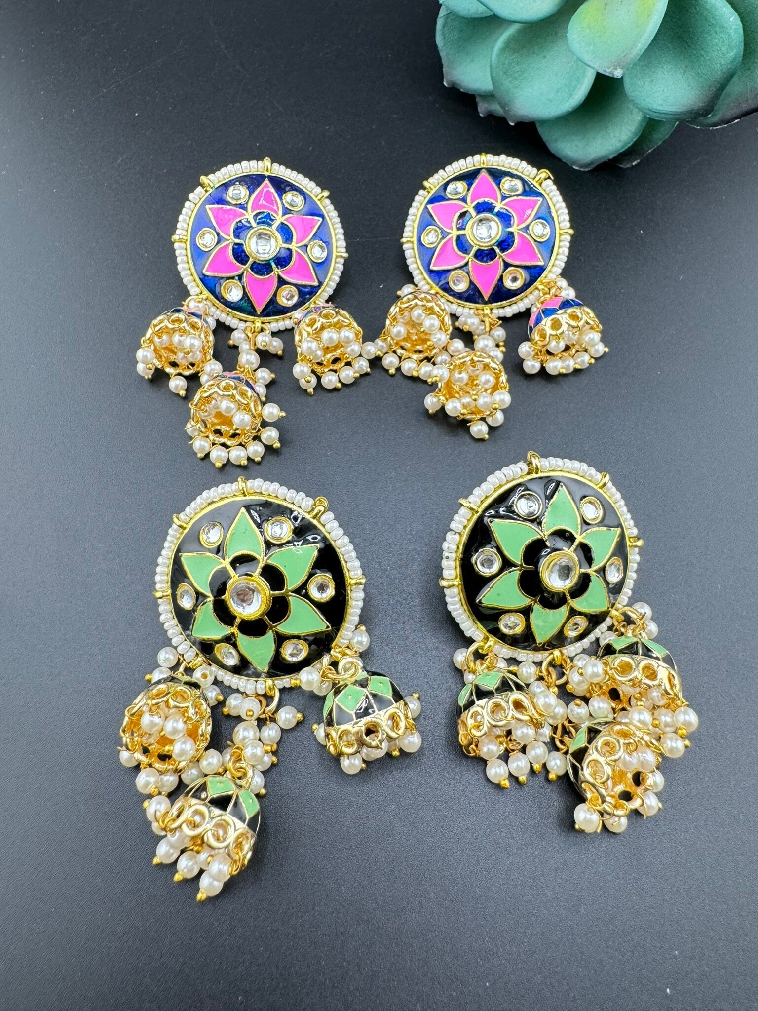 Minakari Stud with Jhumka with Kundan and pearls Earrings