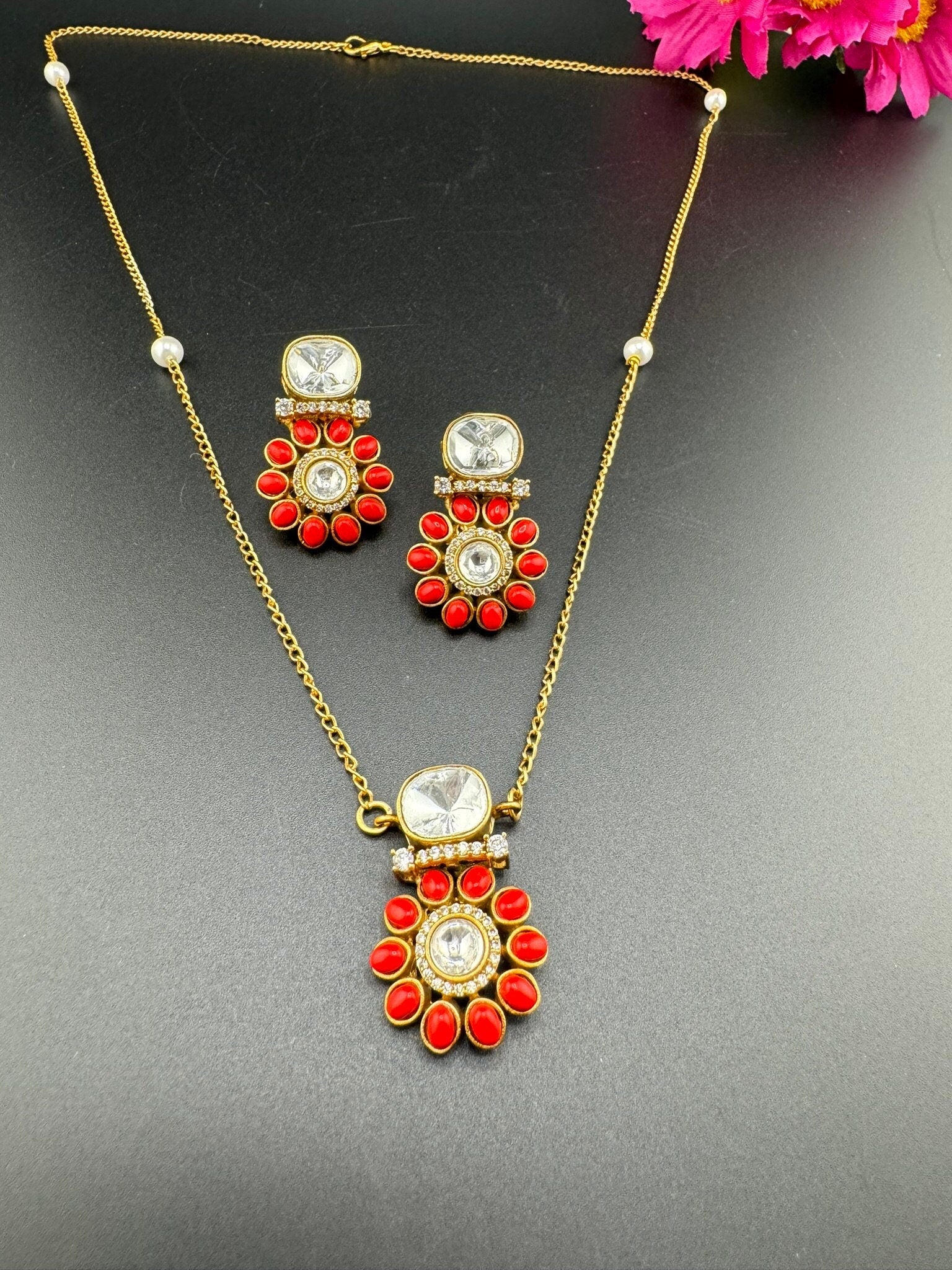 Premium Uncut moissanite Kundan, Semi-precious stones, CZ pendant stud set/Indian jewelry/silver foil back/Premium Kundan/Bridesmaids gift