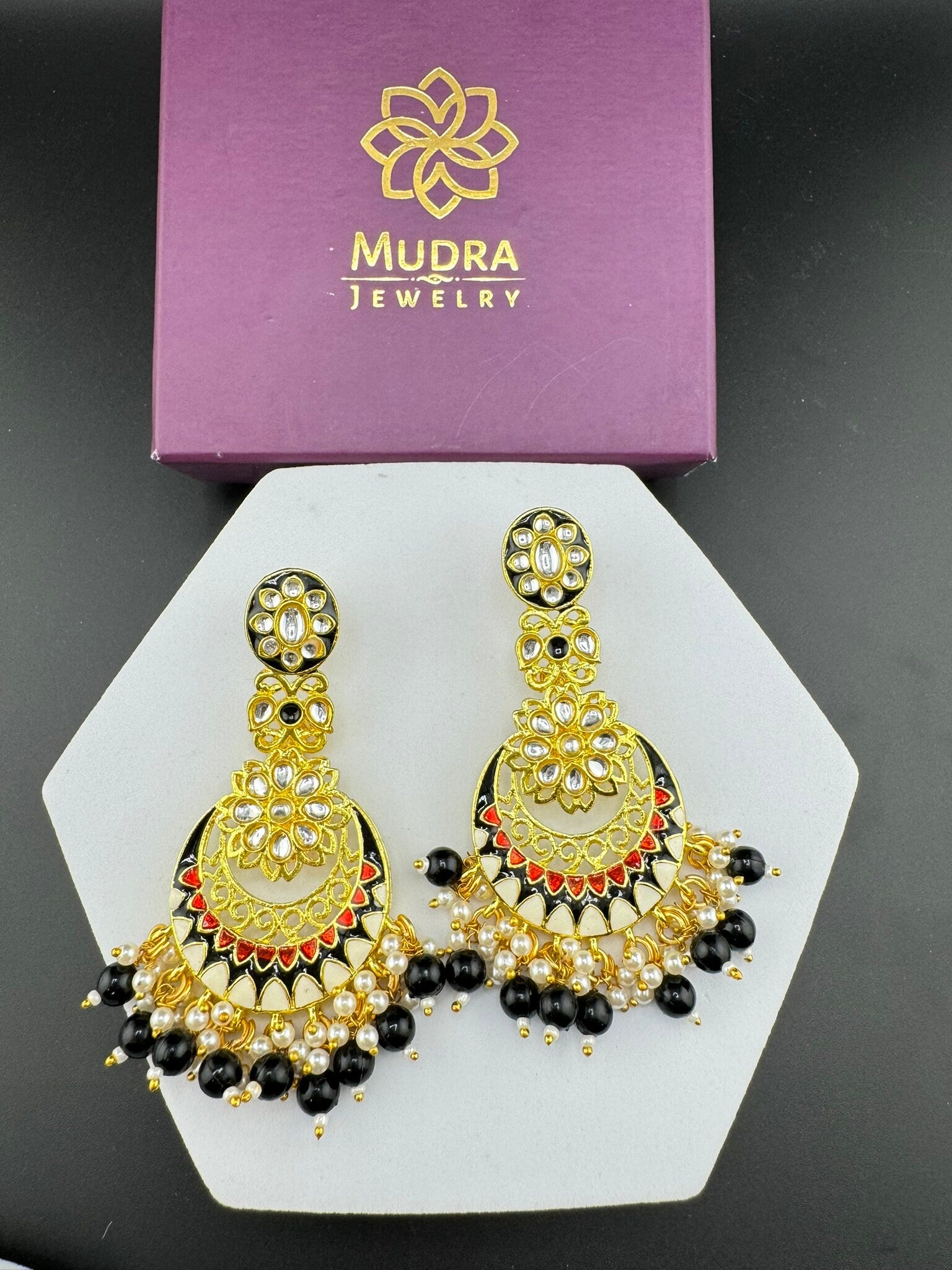 Minakari Black and Gold Chand Bali with Kundan and pearls earrings