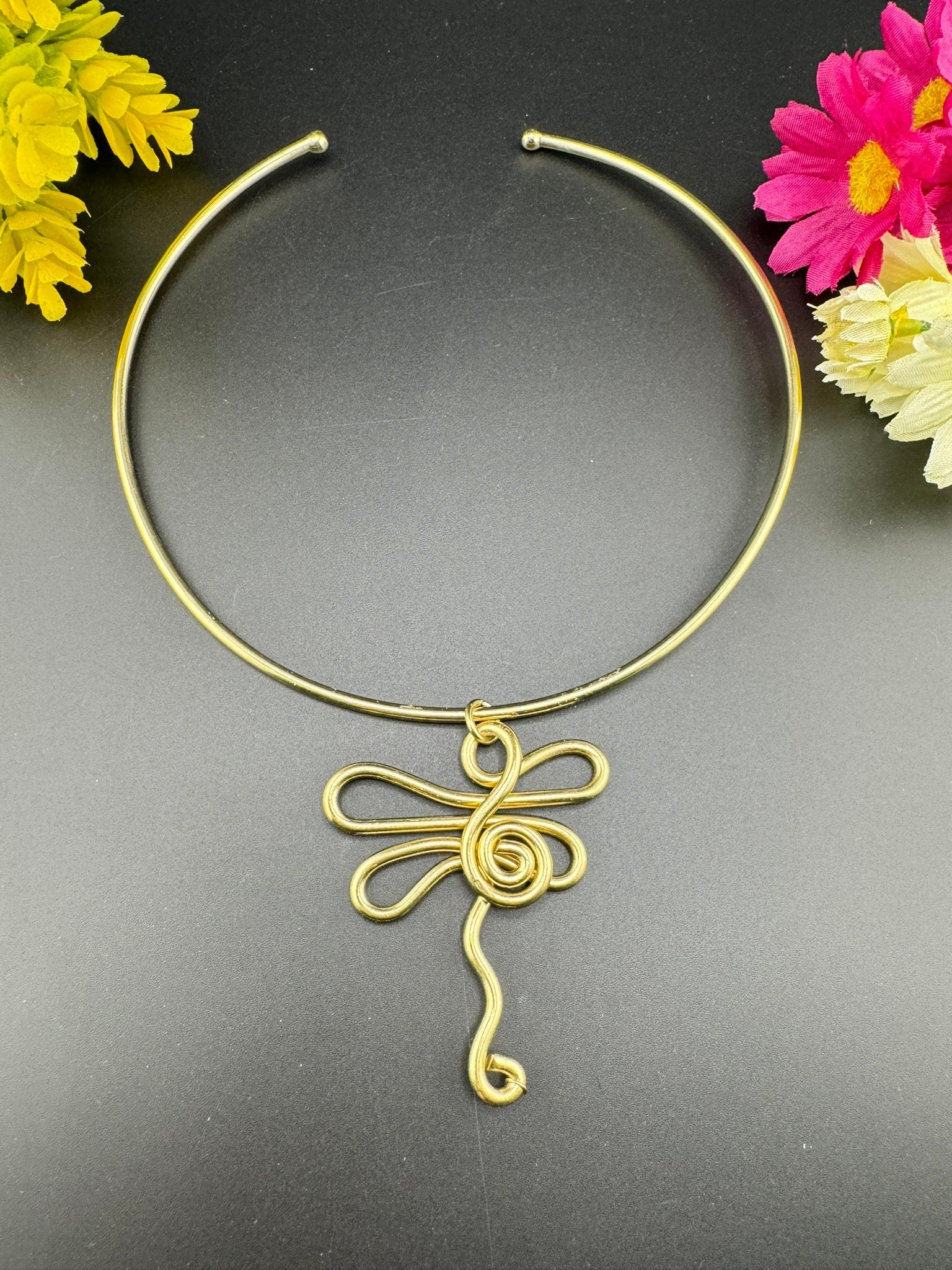 Unique Adjustable gold Hasli necklace with dragon fly pendant/no earrings/Indian jewelry/unique necklace/Bridesmaids gift/Indo Western
