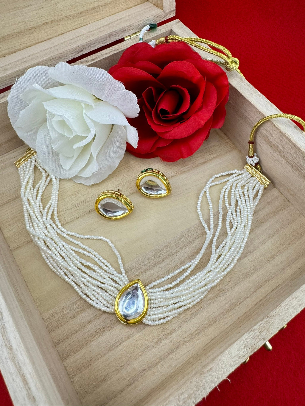 Uncut Kundan in small pearls Necklace set with studs earring with Dori/Indian jewelry/Minakari back/Kundan set/Bridesmaids gift/Indo Western