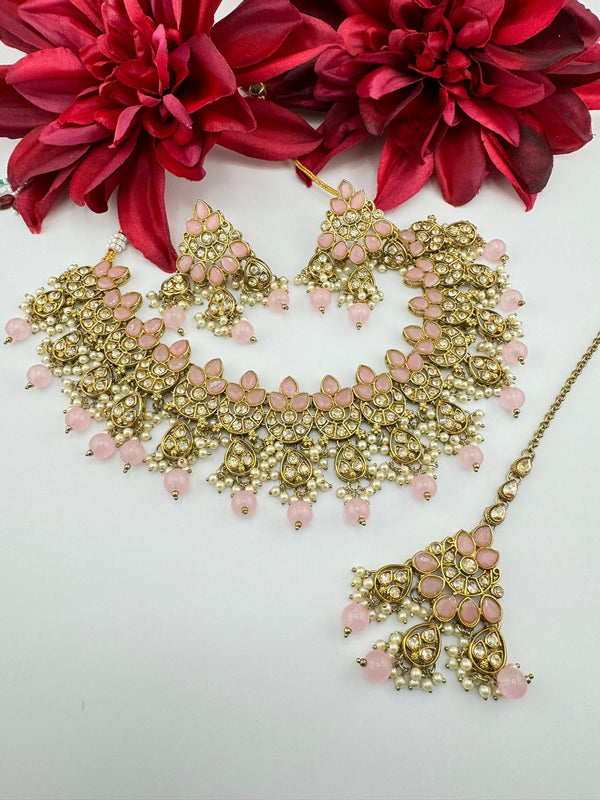 Polki Pink Necklace set with long earring and Tika/ semi-bridal set with Tika