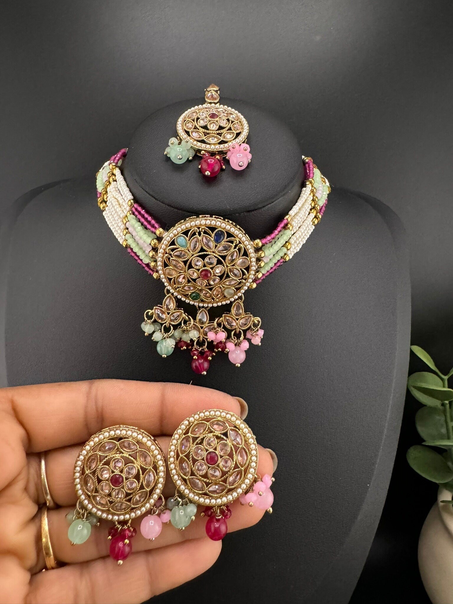 Premium Pastel color Reverse AD Mehndi Polish choker Necklace set with stud earring and Tika/Indian jewelry/Bridesmaids gift/semi-bridal