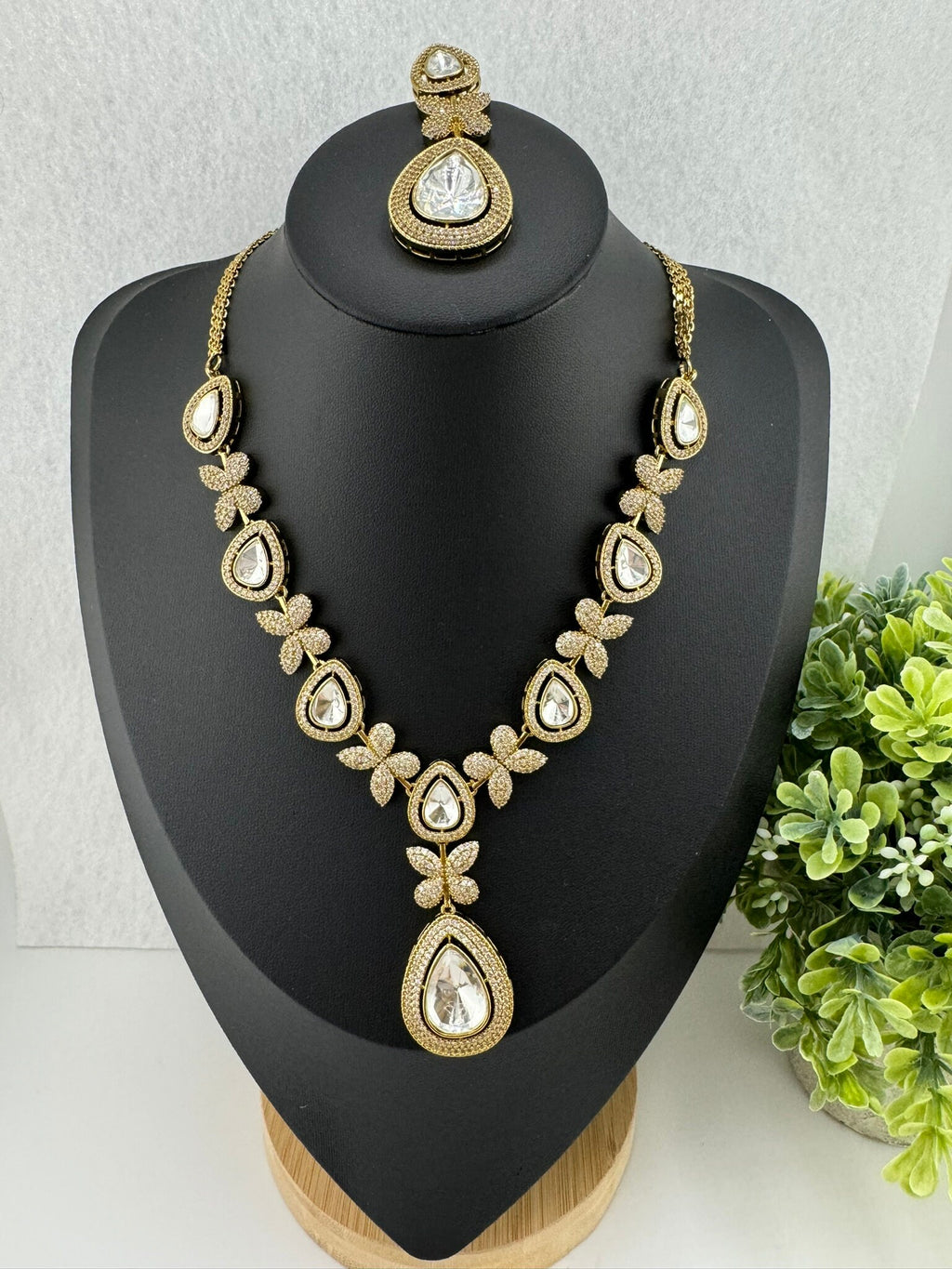 Premium Victorian Long Necklace set with long earrings with Moissanite Kundan and Cubic Zirconia